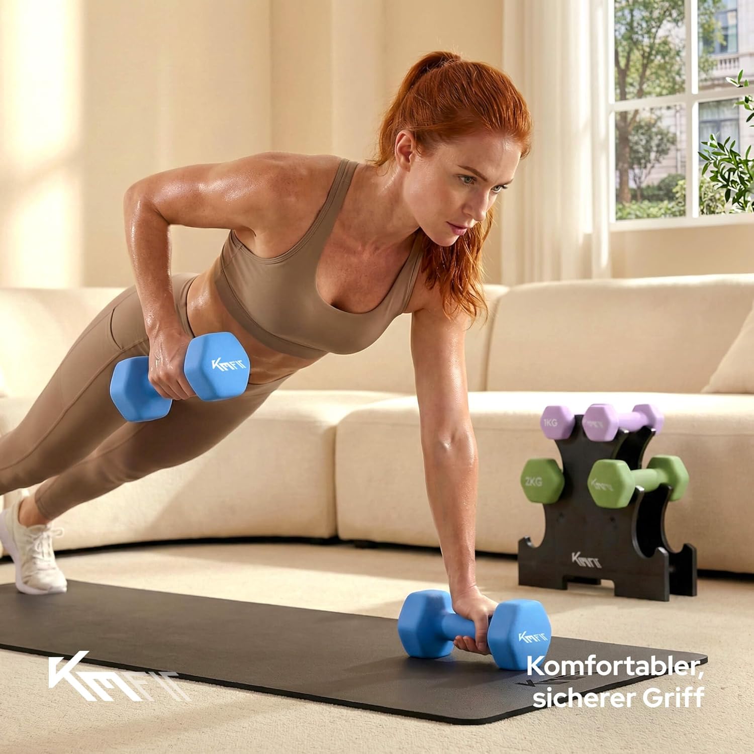 KM-Fit Hantel-Set 12 kg mit Ständer, Neopren-Hanteln 1-3 kg, Gusseisen, ergonomischer Griff, rollsicher, Fitness- und Krafttraining für das Heim-Fitnessstudio – Bild 3