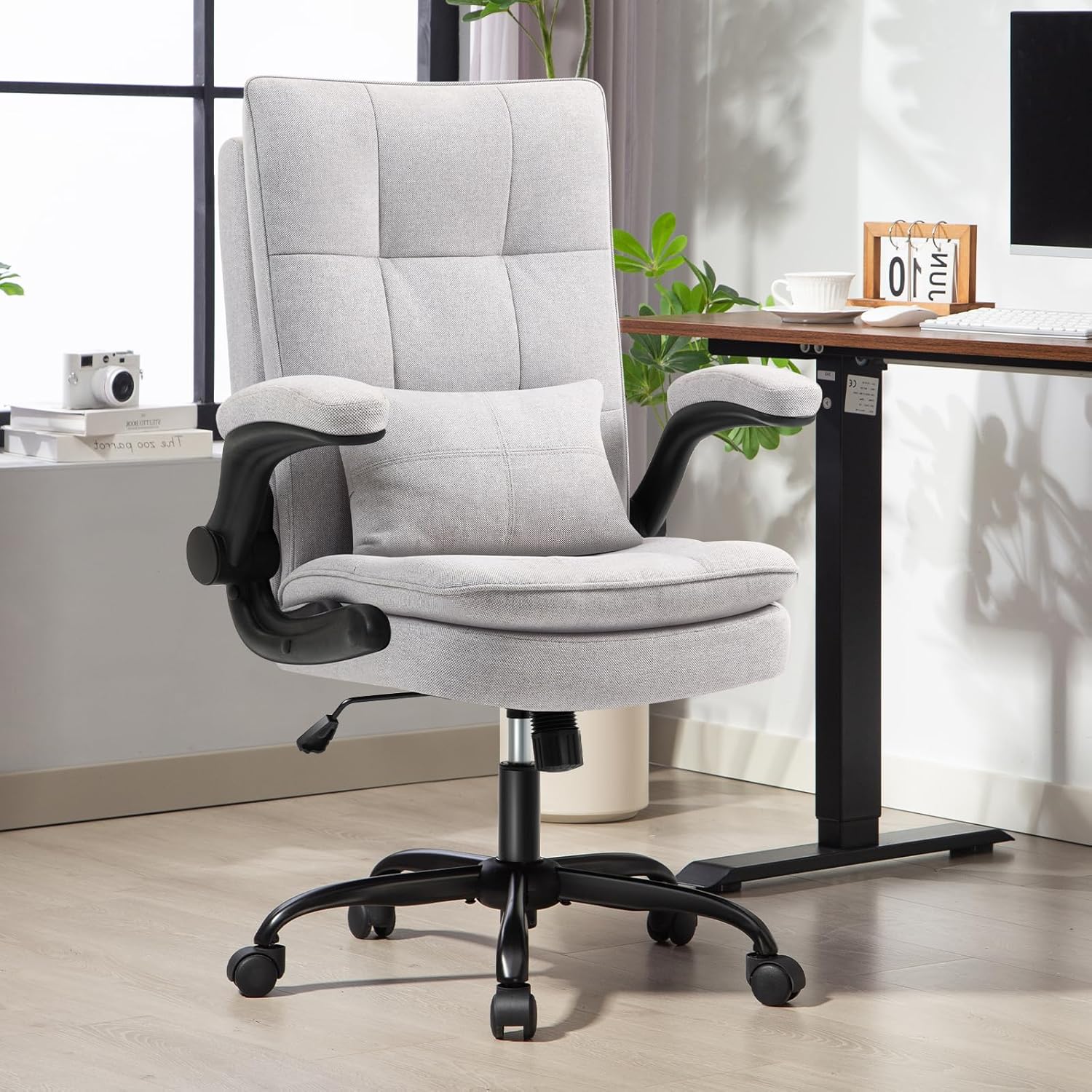 Ergonomischer Bürostuhl (Testsieger) Schreibtischstuhl | Klappbare Armlehne und hohe Rückenlehne | Höhenverstellbar & Wippfunktion | Chefsessel 150 kg | Bürostuhl | Bürostühle Stoff Grau – Bild 2