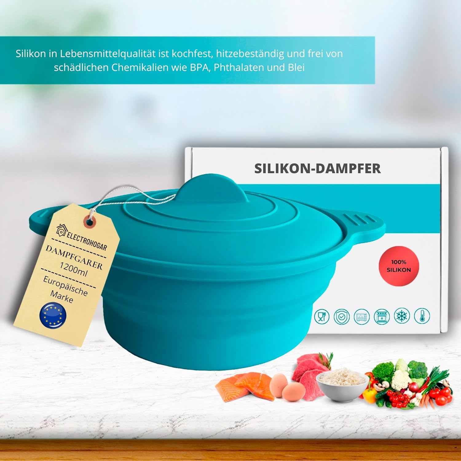 Dampfgarer für Mikrowelle und Backofen 1200 ml, faltbare Silikon-Dampfbox, schnelles und gesundes Kochen, einfach zu lagern und zu transportieren – Bild 4