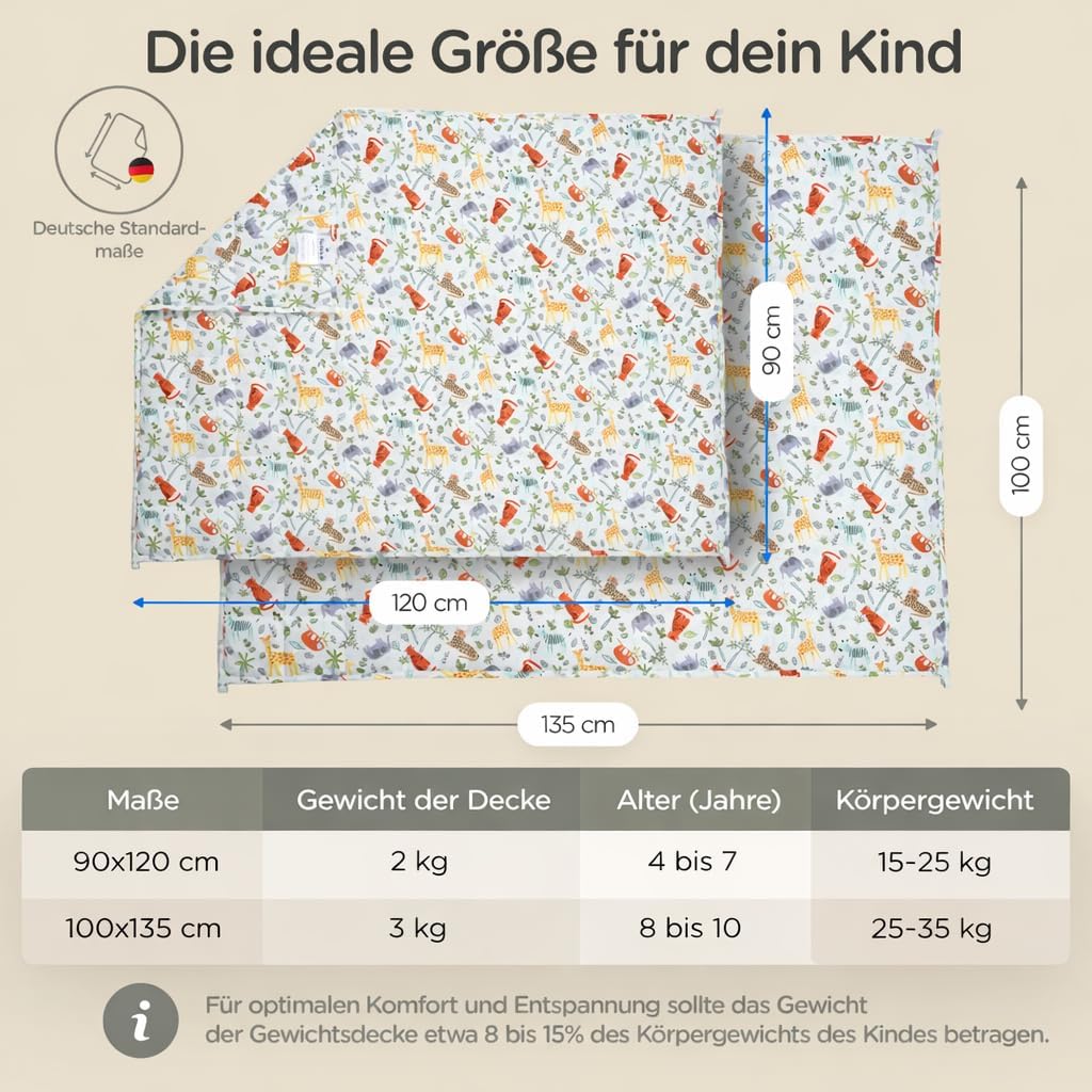 LUNOVA Gewichtsdecke Kinder | 3 kg | 100 x 135 cm – Ökotex-Baumwolle (25–35 kg Körpergewicht), waschbare Therapiedecke, Entspannungsdecke, entspannter Schlaf – Tierwelt – Bild 4