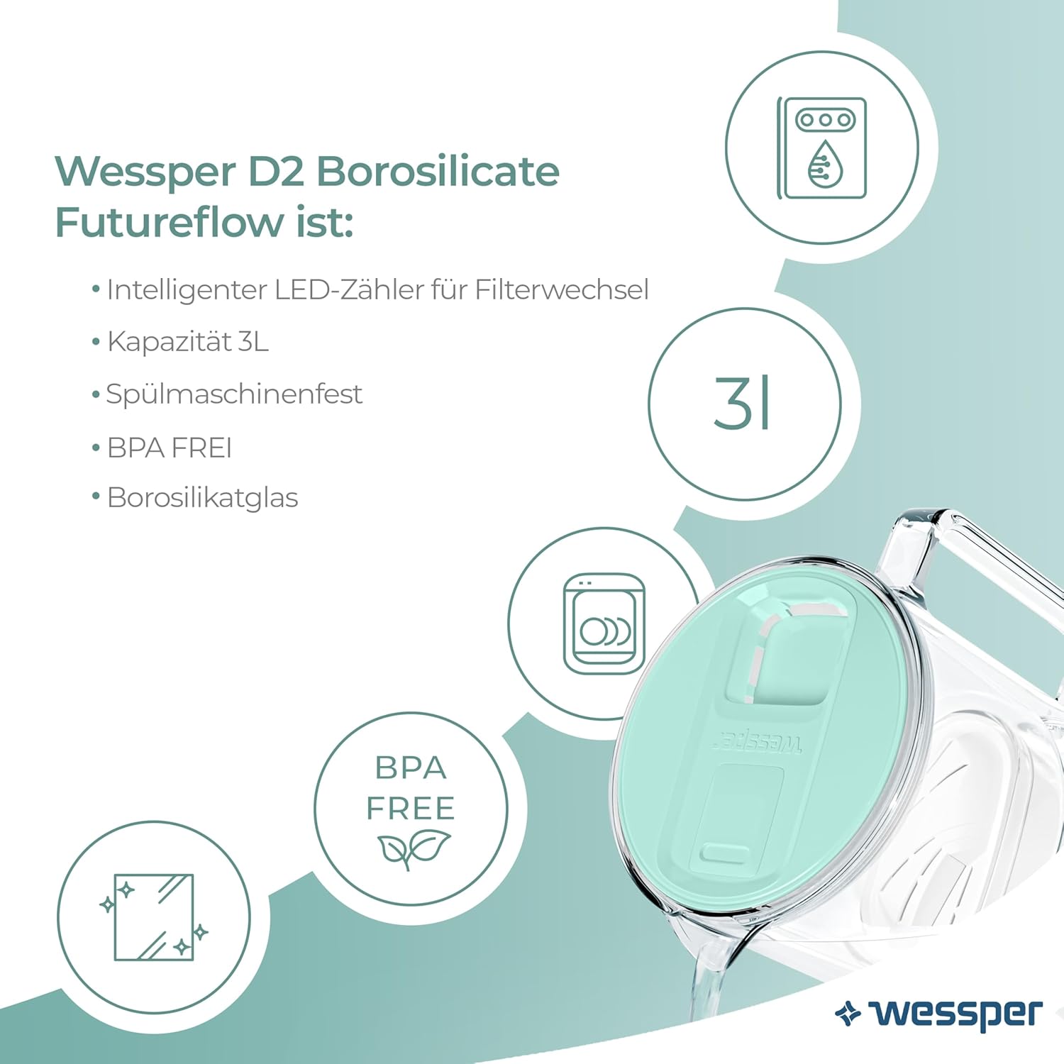 Wessper Wasserfilterkanne mit LED-Anzeige, 3 L, Wasserkanne aus Glas mit Aktivkohlefilter, Wasserkanne mit Wasserfilterkartuschen für Trinkwasser, BPA-frei – Bild 3