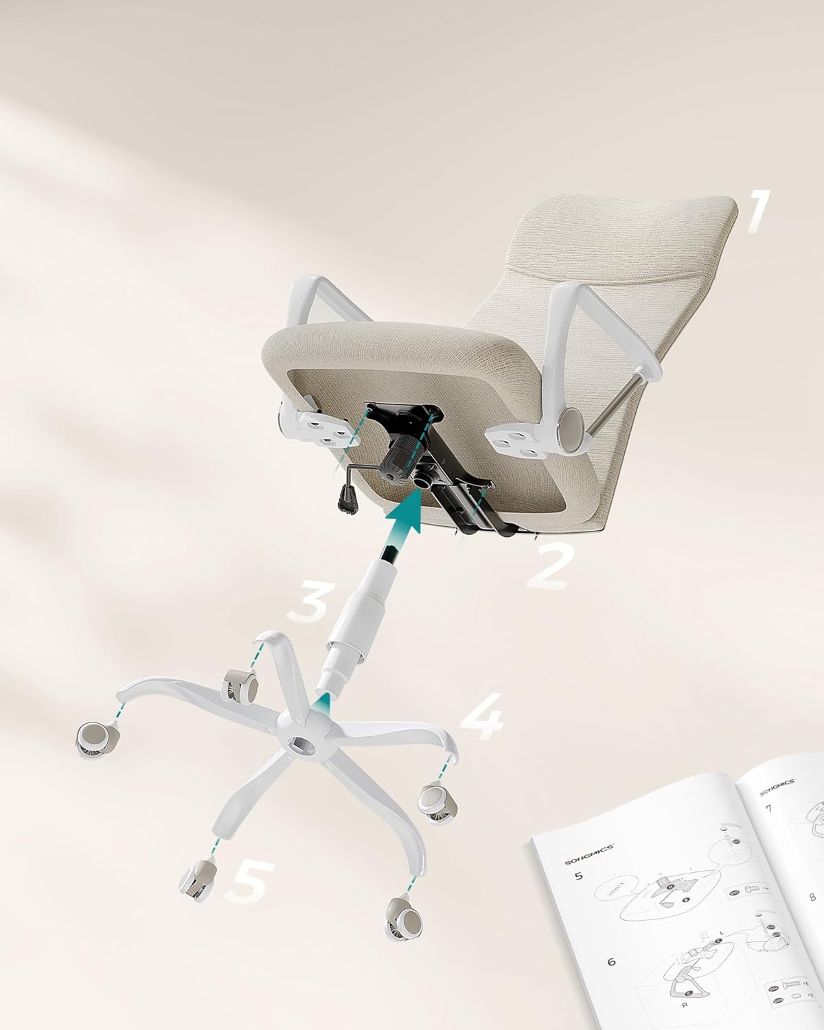 SONGMICS OBN034K01 Bürostuhl, ergonomischer Schreibtischstuhl, Drehstuhl, gepolsterte Sitzfläche, höhenverstellbar und neigbar, maximale Belastung 120 kg, Cappuccino-Beige – Bild 2