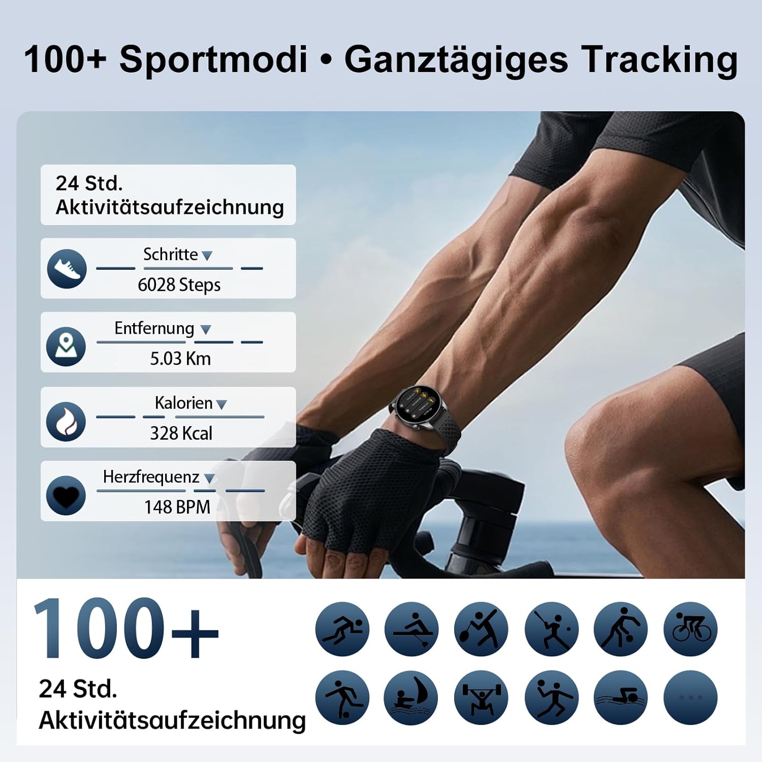 Runde Herren-Smartwatch mit integriertem GPS, 1,43 Zoll AMOLED Always-On-Display, 3ATM wasserdichte Fitnessuhr, 100+ Sportmodi, Herzfrequenz-/SpO2-/Schlafmonitor, Schrittzähler, iOS/Android, Schwarz – Bild 6
