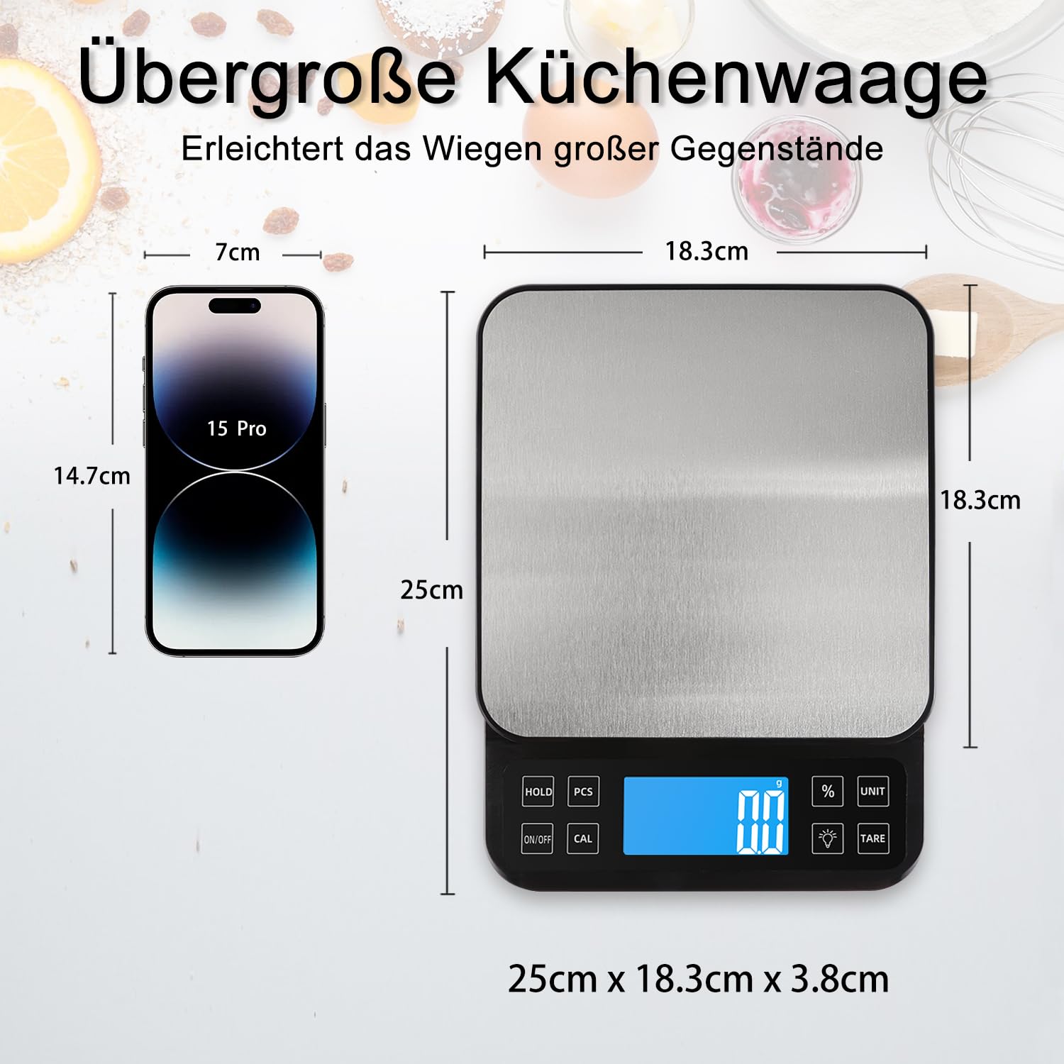 BOMATA 0,1 g/5 kg große digitale Küchenwaage, hochpräzise Bäckereiwaage mit %-Prozentfunktion, wiederaufladbar über USB, Wiegeplatte aus Edelstahl – Bild 5