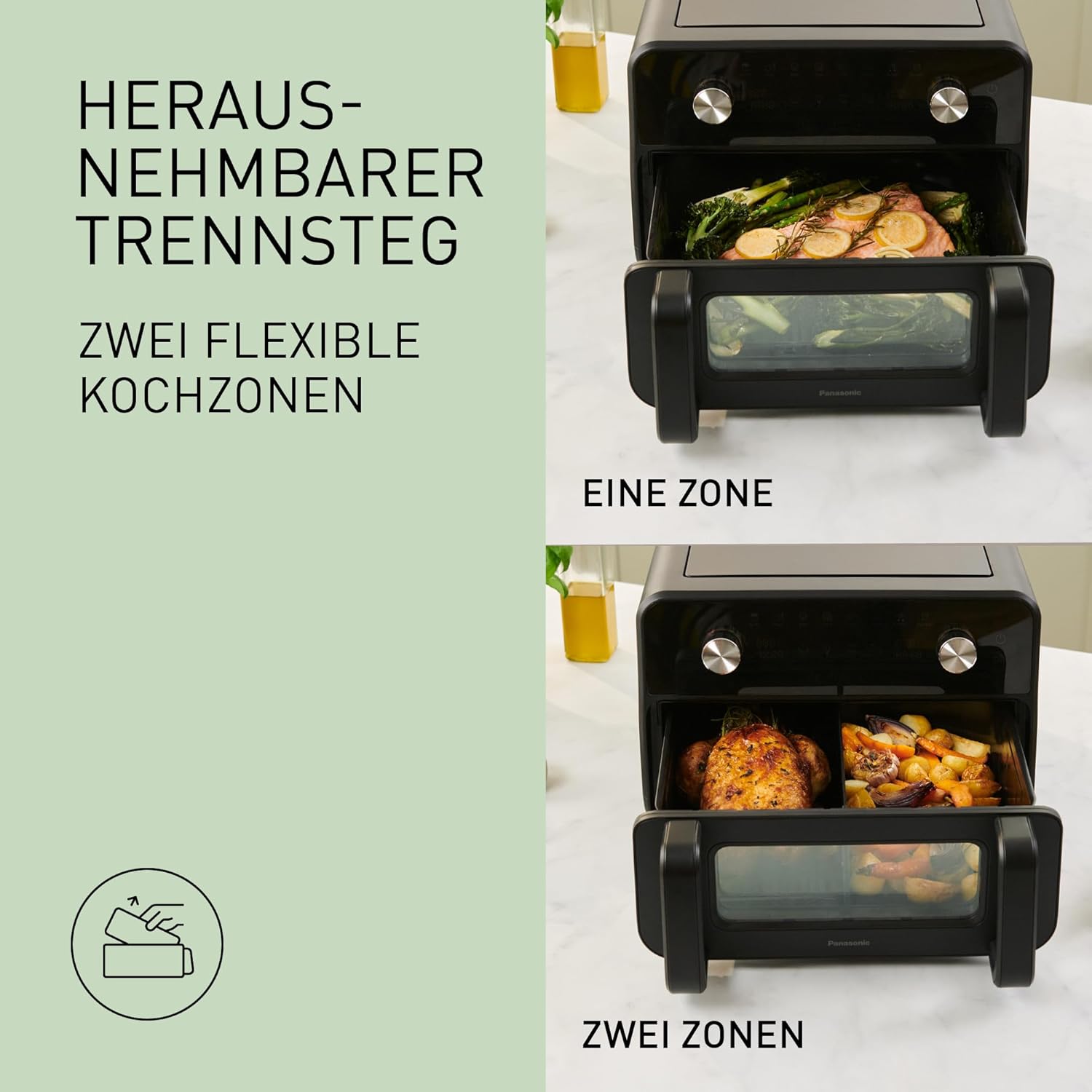 Panasonic NF-BC1000 Flex Heißluftfritteuse mit Sichtfenster, XL flexibler Garkorb, herausnehmbare Trennwand für 2 Kochzonen, 9,6 Liter, 30–230 °C, sanfter Dampf, 8 Voreinstellungen, leicht zu reinigen, Schwarz – Bild 11