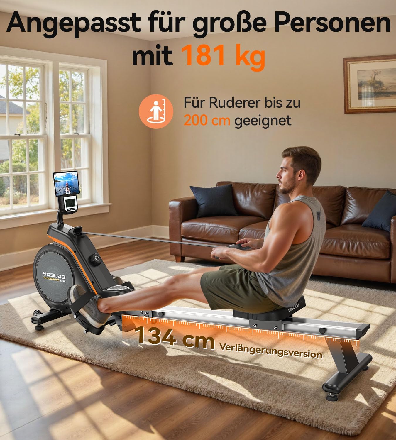 YOSUDA Upgrade Rudergerät für zu Hause, 16 dynamische Widerstände, für große bis zu 181 kg, ultraleiser Magnet, Komfortsitz, Bluetooth/App, Aluminiumschiene, Flaschenhalter, 90 % vormontiert, Rudergerät – Bild 3