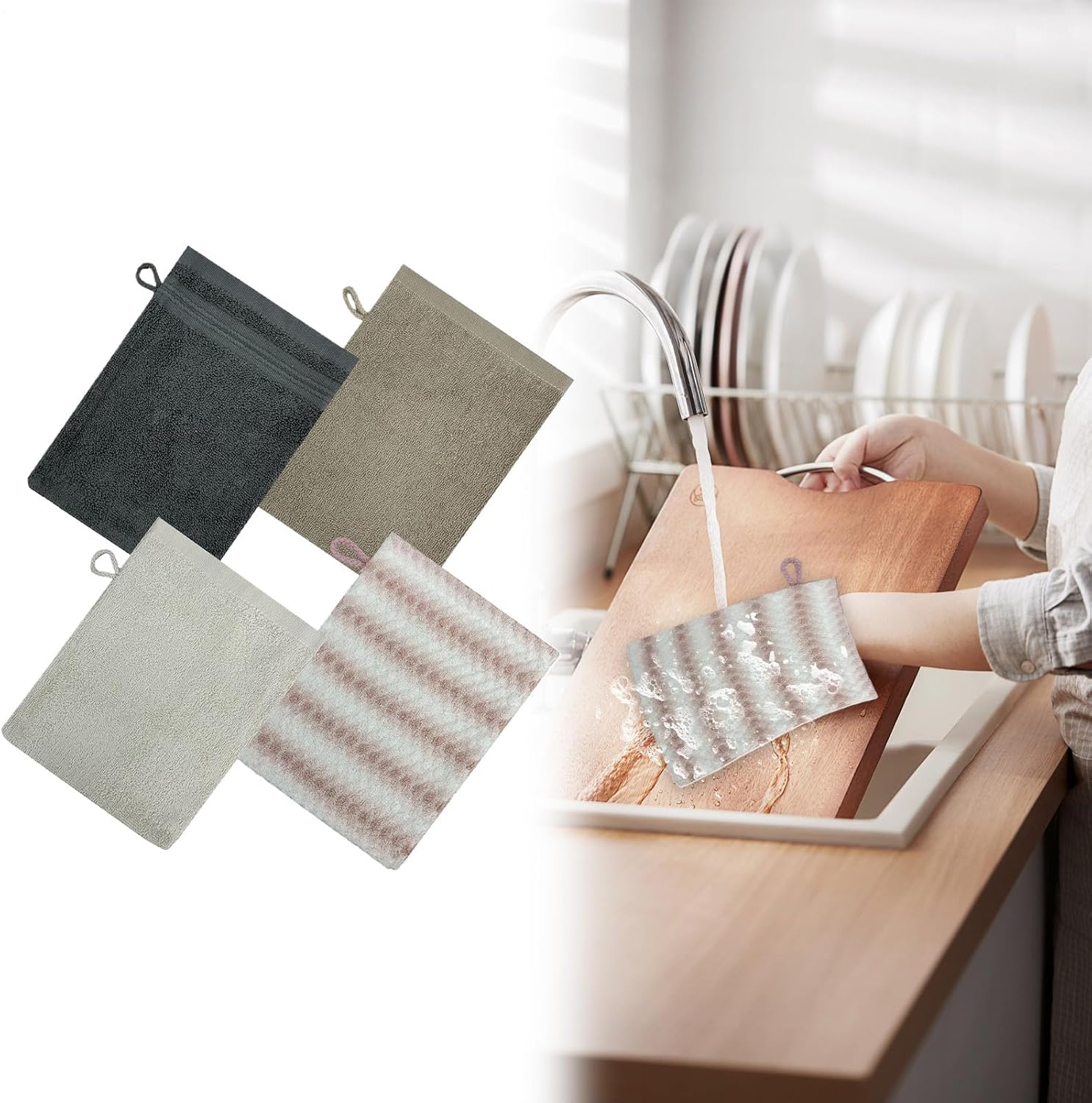 Duschhandschuh, Körperhandschuh, Peeling, 4-teilig, weiche Baumwolle, Handtuch, Badetuch, Waschlappen für Hand-, Gesichtsreinigung, Kinder, , Damen, Herren, Reisen – Bild 8