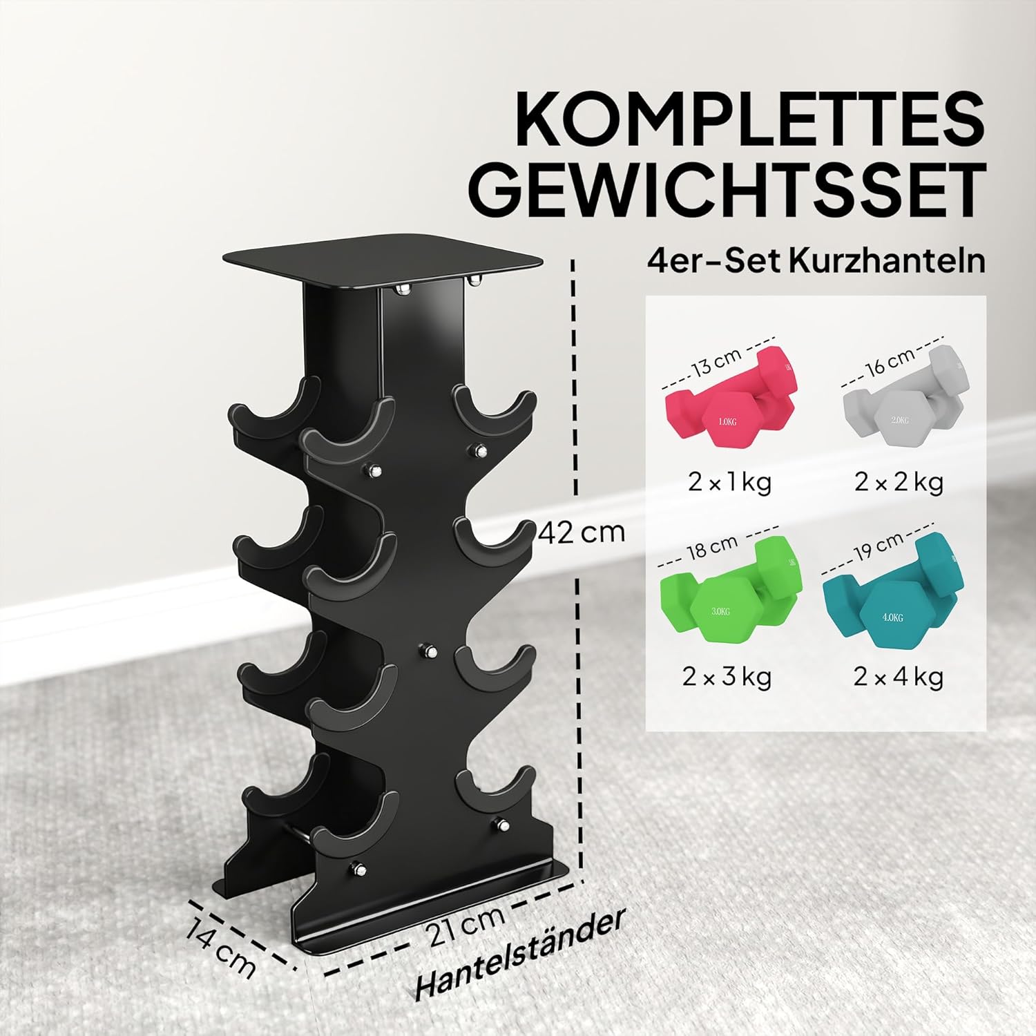 SPORTNOW Hanteln Set 4 Paar Kurzhanteln mit Aufbewahrungsständer, rutschfeste Griffe, Hexagon Hantelset Kurzhantel Set für Heimtraining, Fitnessstudio – Bild 3