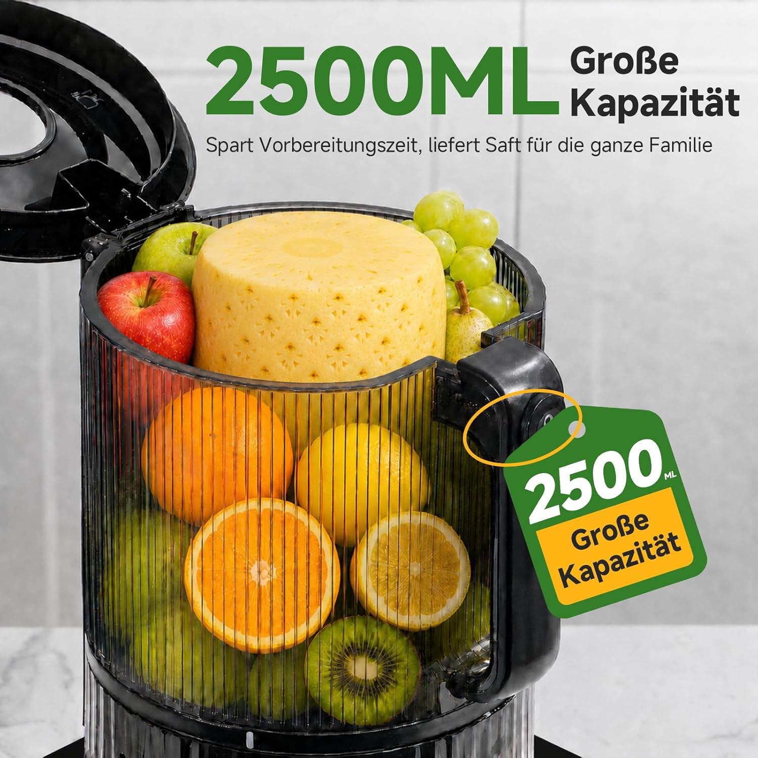 AMZCHEF Slow Juicer Kaltpress-Entsafter für Obst & Gemüse, 160 mm XXL-Einfüllöffnung für ganze Früchte, 2,5 l Behälter, 2 Filter für Saft und Sorbet, leise und leicht zu reinigen, schwarz – Bild 3