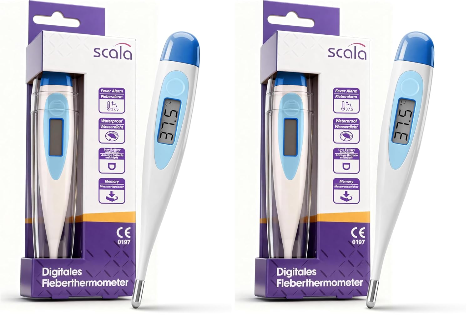 scala SC 17 blau digitales Fieberthermometer mit Fieberalarm wasserfest und einfach zu reinigen. Für Kinder, Babys und Erwachsene zur Messung der Körpertemperatur oral, axial oder rektal