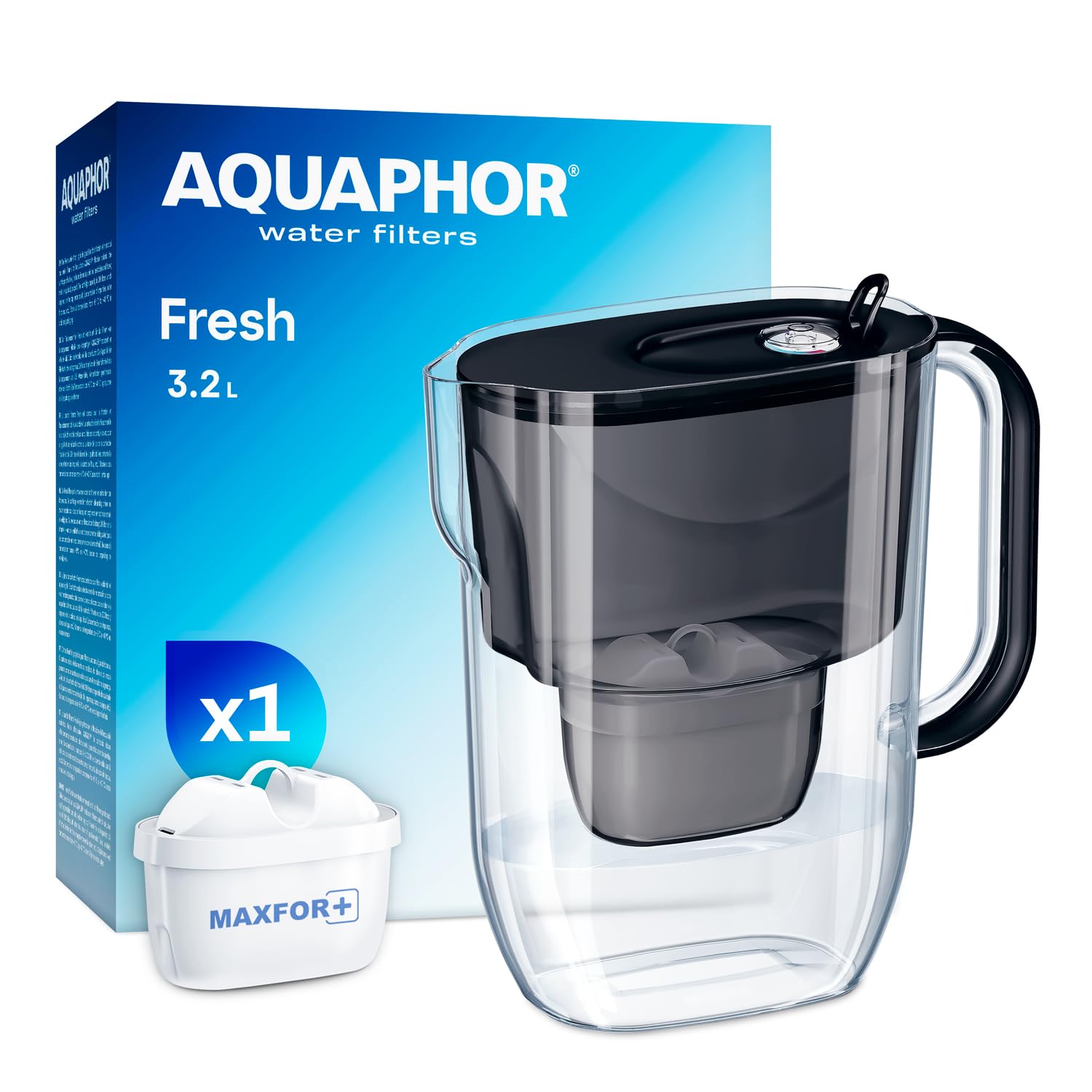 AQUAPHOR Frischwasserfilterkanne 3,2 L – Filterkanne mit 1 Maxfor+ Kartusche – Trinkwasserfilter reduziert Kalk & Chlor – Für Kaffee, Tee & Trinkwasser – Schwarz