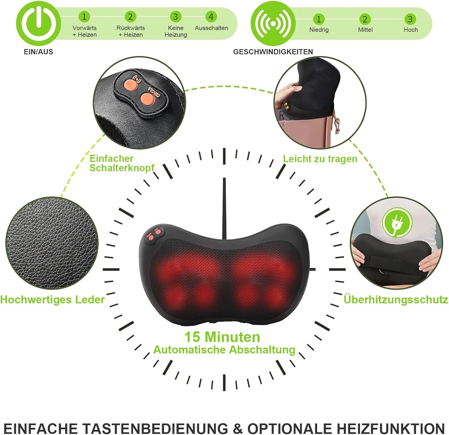 iKristin Shiatsu-Massagekissen, Rückenmassagegerät mit sechs mehrfach rotierenden Massageköpfen mit Wärmefunktion für Nacken, Schulter, Rücken, Büro, Zuhause – Bild 3