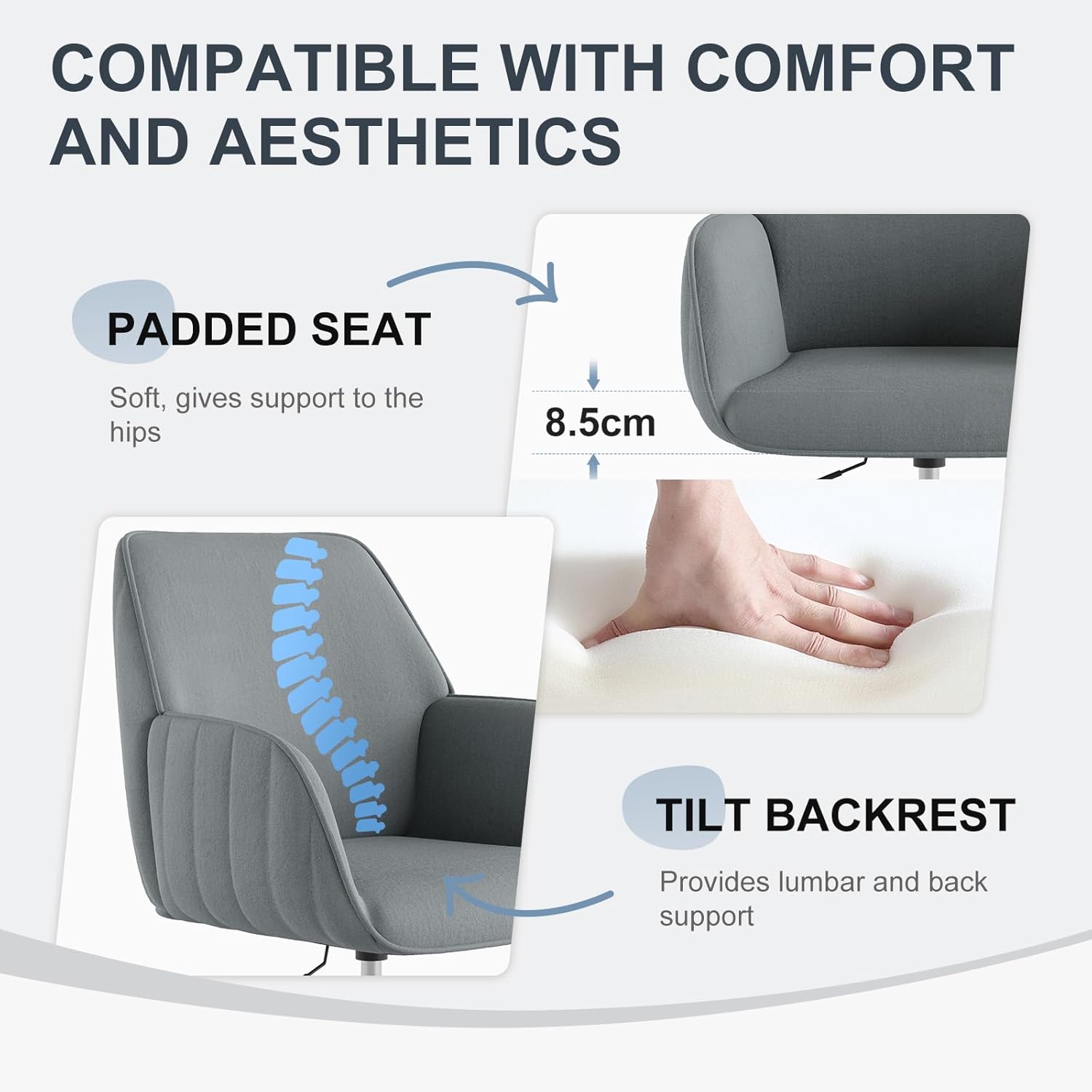 Schreibtischstuhl, Bürostuhl, Heimbüro, Drehstuhl, Samt-Make-up-Stuhl mit Armlehnen, Rollen, ergonomisch, bequem, Damen, Mädchen, Schminkstuhl, höhenverstellbar, Schlafzimmer, Heimbüro, Grau – Bild 5