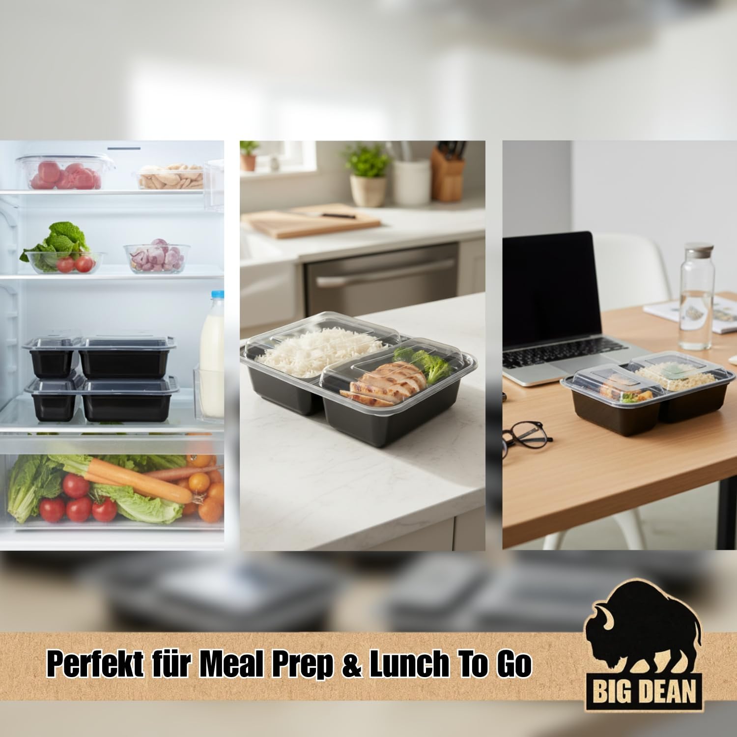 BigDean Packung mit 10 wiederverwendbaren Meal-Prep-Boxen mit Deckel und 2 Fächern – robuste Meal-Prep-Boxen, stapelbare Meal-Prep-Dosen und Lebensmittelbox – mikrowellen-, gefrier- und spülmaschinenfest – Bild 5