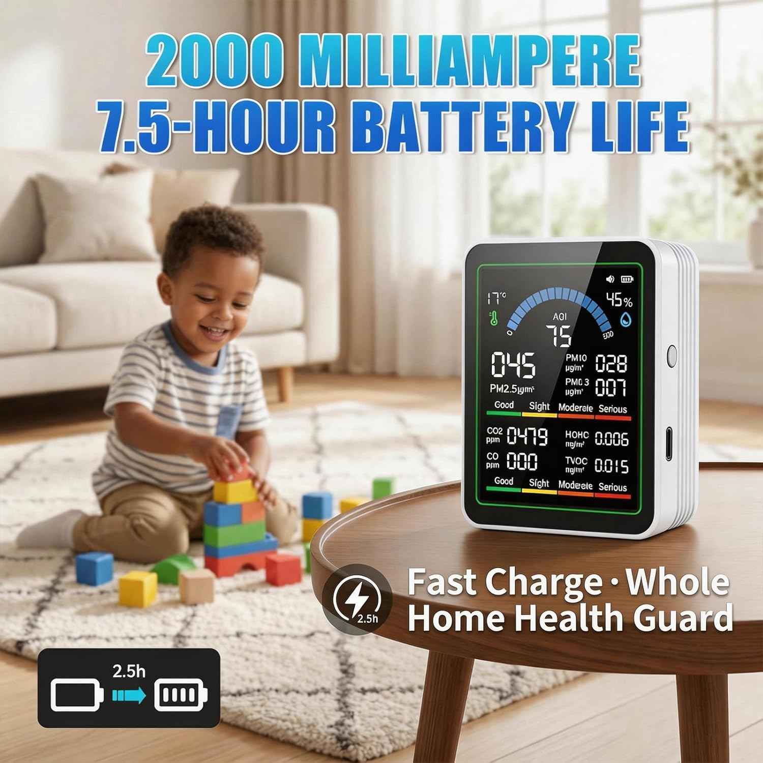 10-in-1 Luftqualitätsmonitor mit Farbdisplay und 4-Farben-Alarm,Messung von CO₂, PM1.0/PM2.5/PM10,HCHO,Temperatur & Luftfeuchtigkeit.Luftüberwachungsgerät mit Typ-C für Zuhause,Büro. (Weiß) – Bild 6