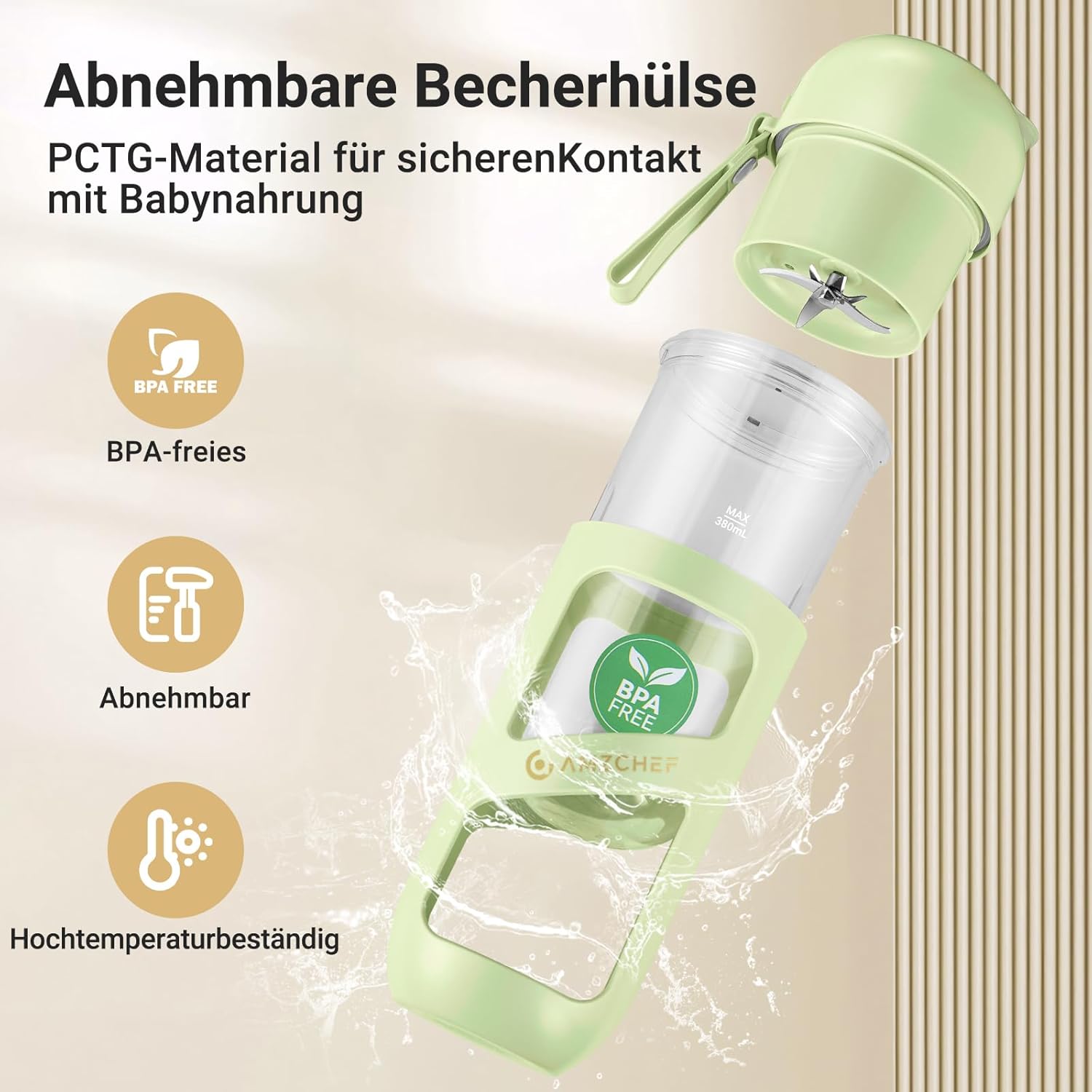 AMZCHEF Smoothie Maker To Go – Antioxidativer Vakuum-Flaschenmixer mit 10 Klingen für frischen Saft, Smoothie und Shake – tragbarer Mini-Mixer für Sport, Reisen – Grün – Bild 6