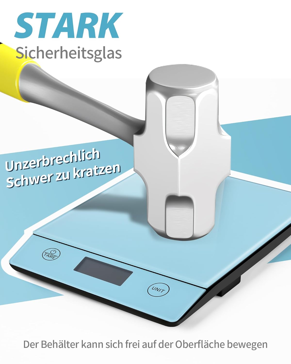 Digitale Küchenwaage, 10 kg, Glas, elektronische Haushaltswaage zum Backen, Tara-Funktion, Touch-Taste, 1 g Genauigkeit, blau – Bild 3