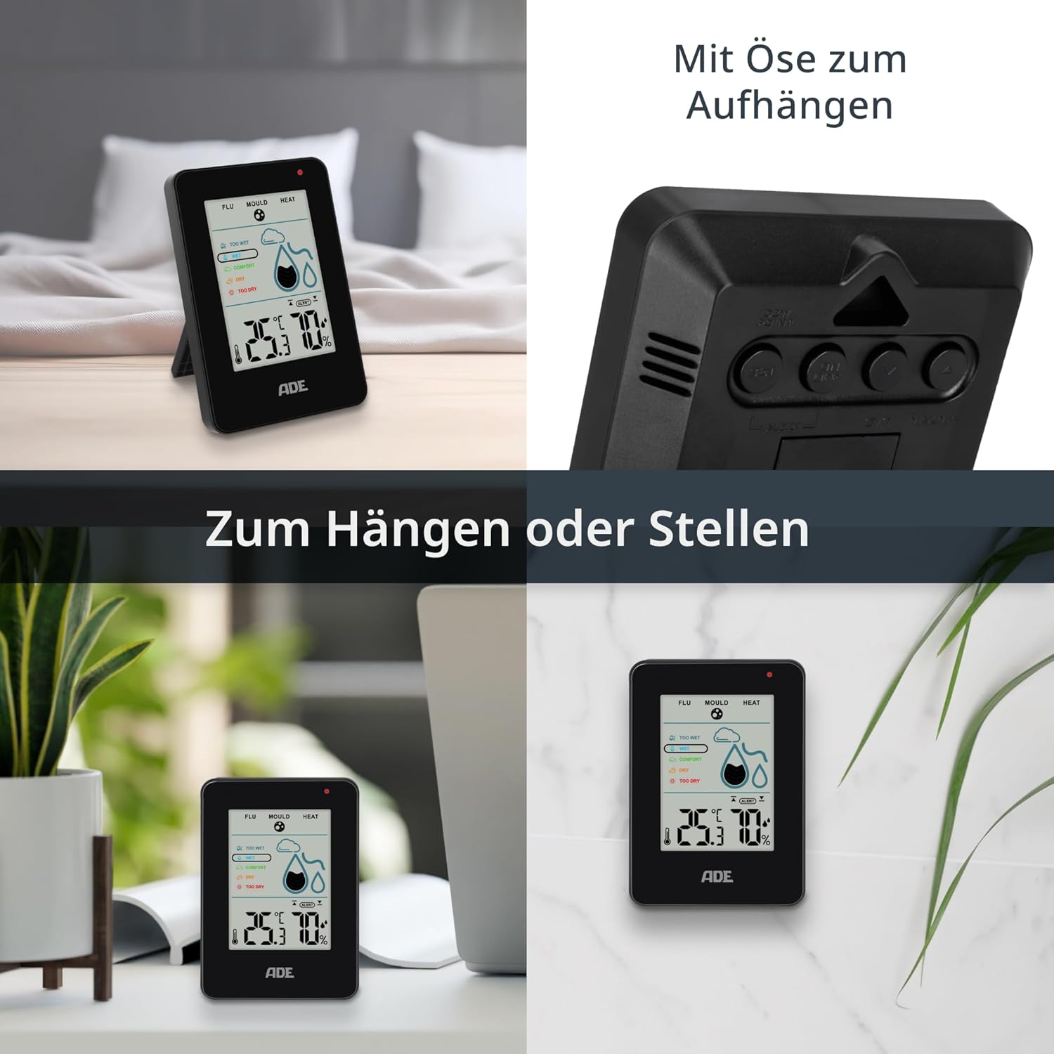 ADE Digitales Hygrometer für den Innenbereich mit Schimmelalarm | Feuchtigkeitsmesser mit Thermometer | Großes LCD-Display | Schwarz – Bild 4