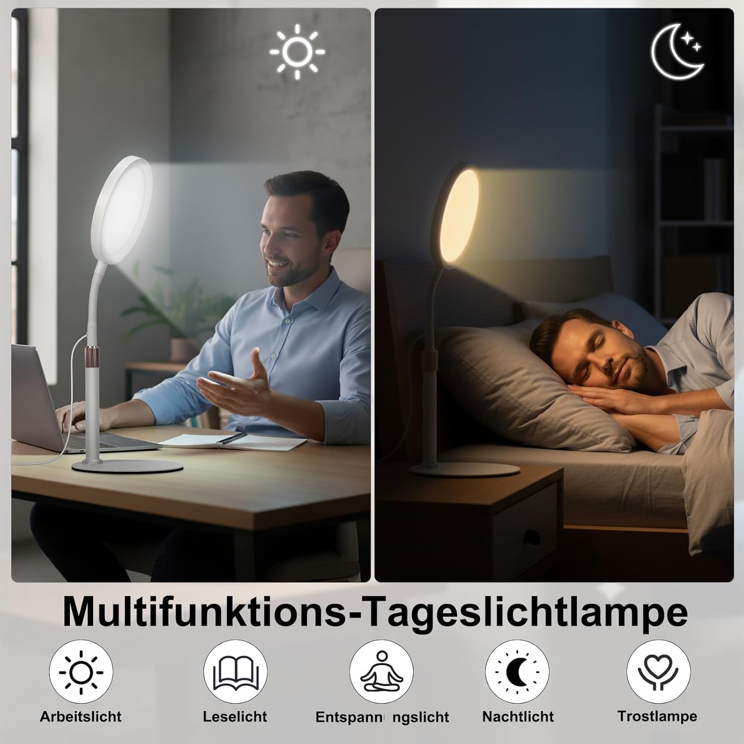 Tageslichtlampe, 10000 Lux, 3 Farbtemperaturen, 9 Helligkeitsstufen und Timer, ideal zum Lesen/Büro/Schlafzimmer (weiß) – Bild 6