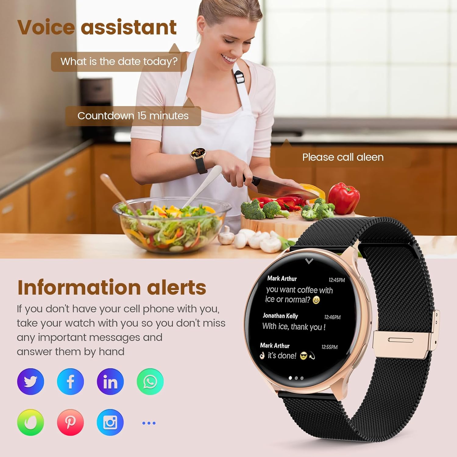 SLOKSFil Damen Smartwatch mit Telefonfunktion, 1,39 Zoll Smart Watch rund mit SpO2, 24H Herzfrequenzmesser Blutdruck Schlafmonitor, Fitness Tracker 120+ Sportmodi Schrittzähler für iOS Android (Schwarz Roségold) – Bild 6
