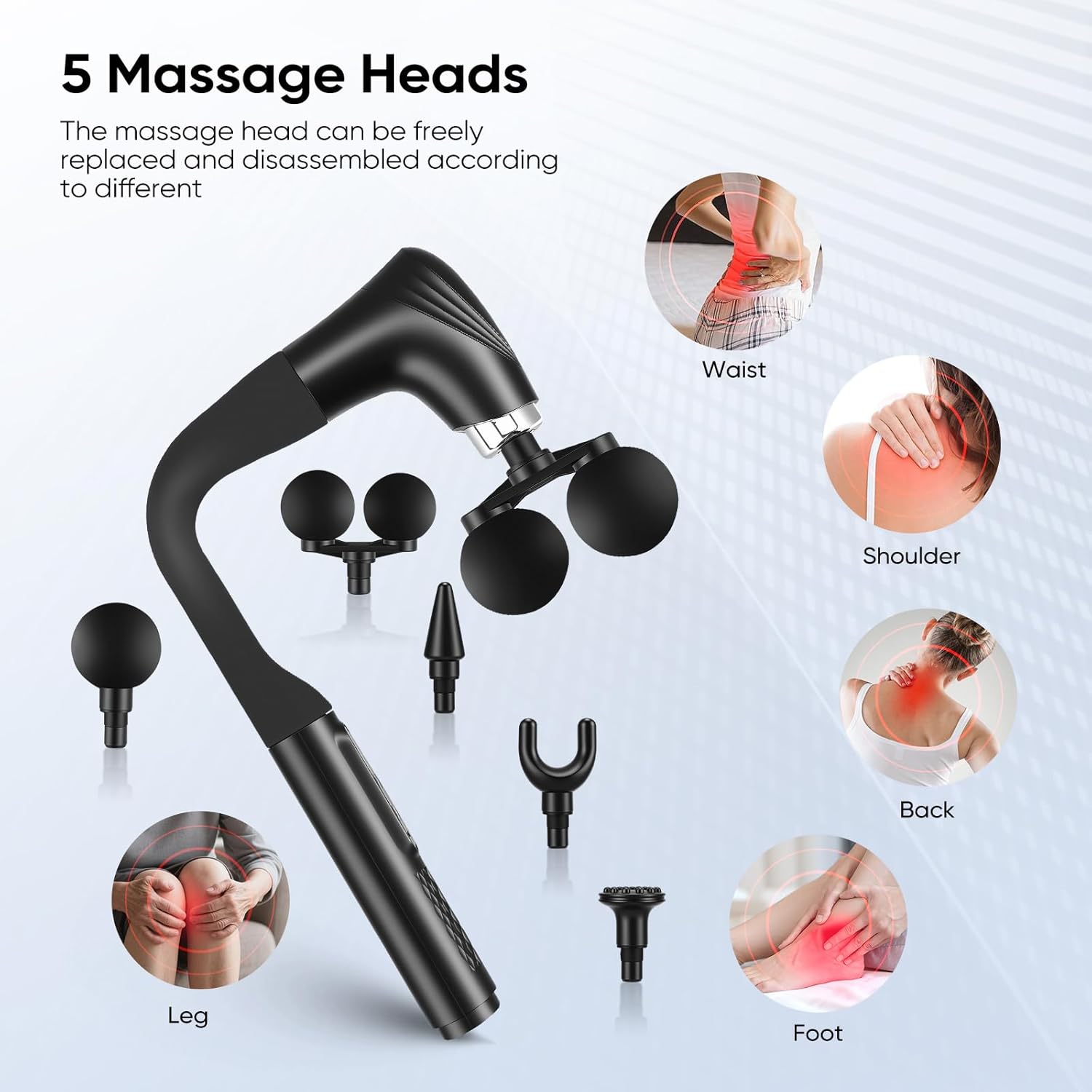 Doppelkopf-Massagepistole, Rückenmassagegerät mit U-Verlängerungsgriff, elektrisches Tiefengewebe-Percussion-Massagegerät, 12 Geschwindigkeitsstufen mit 5 Massageköpfen für Nacken, Schulter, Bein – Bild 3