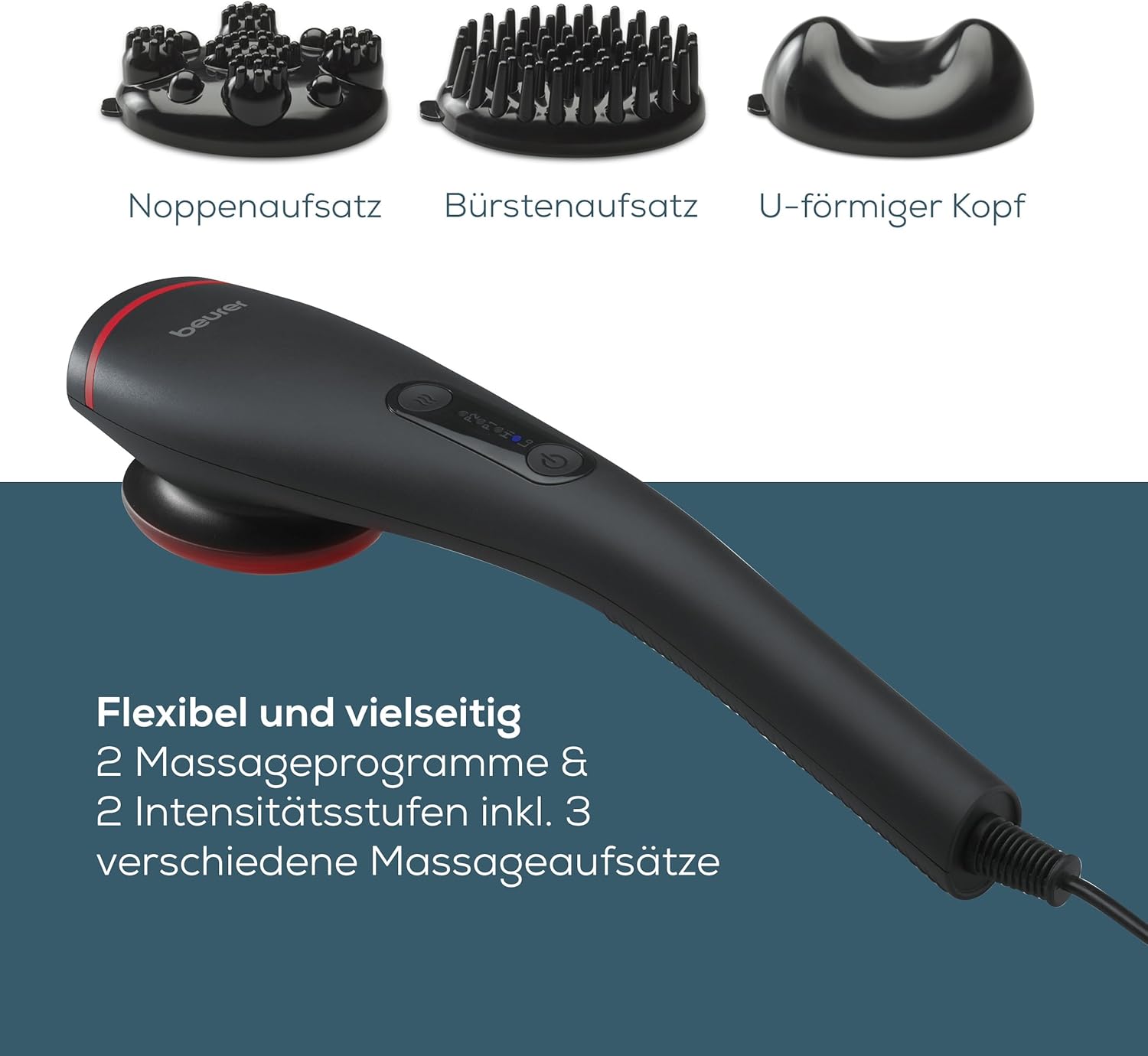 Beurer MG 24 Vibrationsmassagegerät, 2 wohltuende Massageprogramme und 2 Intensitätsstufen für ideale Entspannung, 3 Massageaufsätze, am ganzen Körper anwendbar, schwarz – Bild 3