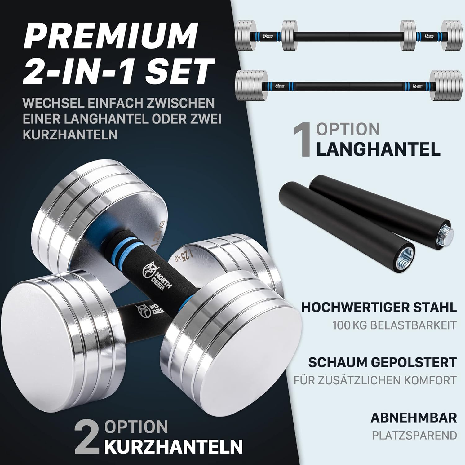 Northdeer 2-in-1-Set, verstellbare Stahlhanteln, Langhanteln, 10 kg, Set mit 2 ultrakompakten Gewichten, 2,5 kg, 3 kg, 5 kg, 5,5 kg, 7,5 kg, 8 kg, 10 kg, mit Verbindungsstange für Fitnesstraining, Fitnessstudio, Zuhause – Bild 2