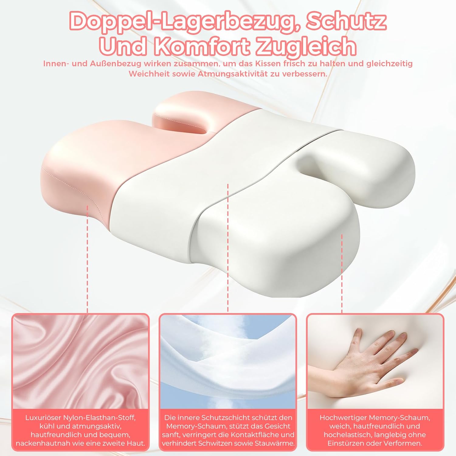 Seitenschläferkissen Anti-Falten, H-Form Schmetterlingskissen mit Bezug, Ergonomisches Memory Foam Nackenstützkissen Orthopädisch, Kopfkissen gegen Faltenbildung im Gesicht & Antitischnarch, Rosa – Bild 3