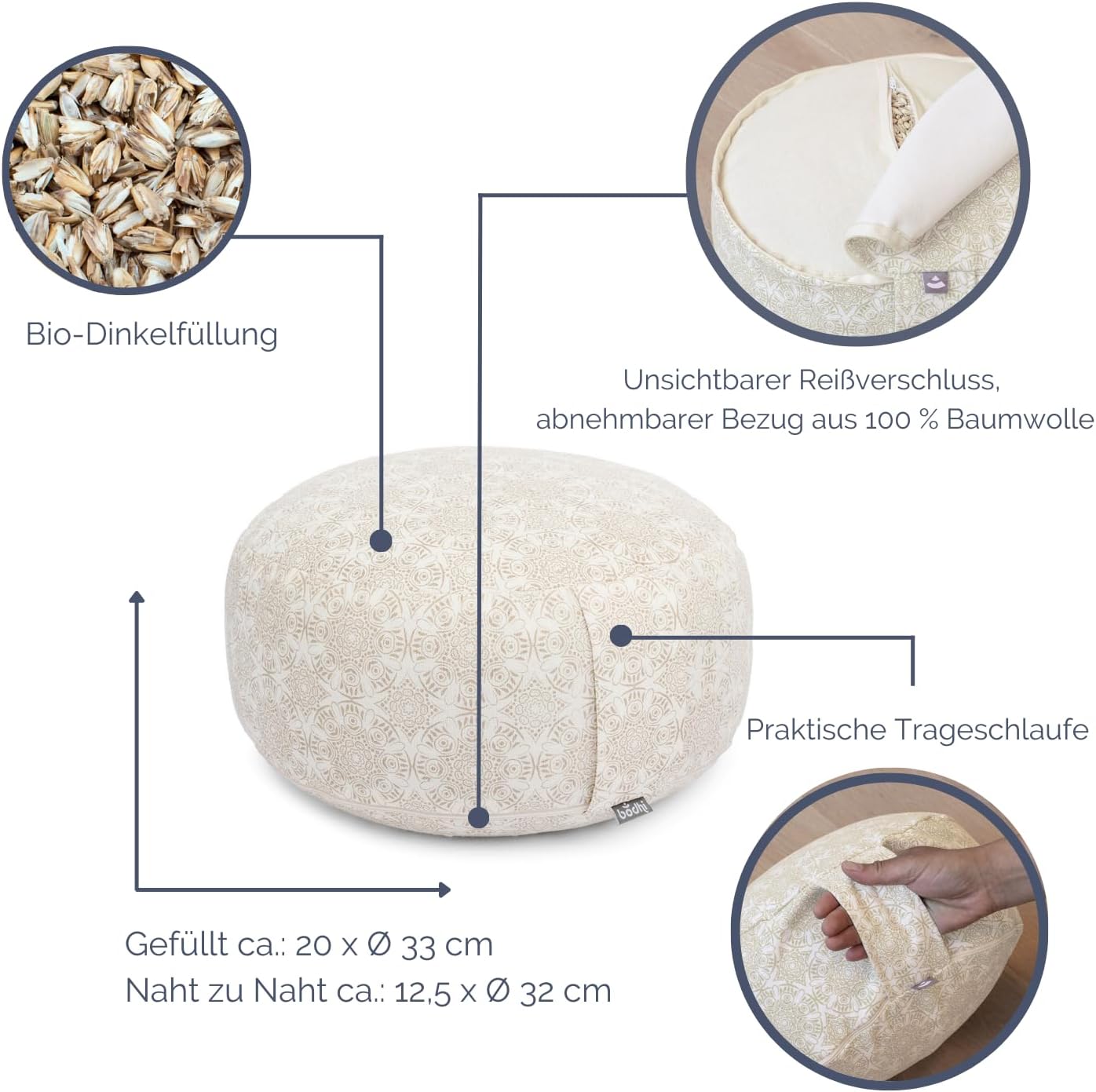 Bodhi Rondo Meditationskissen, abnehmbarer Bezug aus 100 % Baumwolle, Bio-Dinkelfüllung, Höhe 14-20 cm, praktischer Tragegurt, Maharaja-Kollektion (Mineralblau RAJA/Silber Uni) – Bild 3