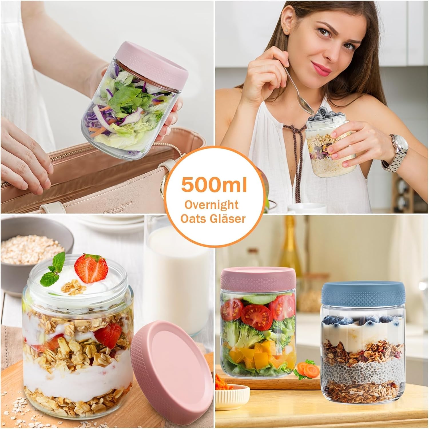 500-ml-Overnight-Oats-Gläser, 6 Stück Meal-Prep-Gläser mit Deckel und Löffel, Weithalsgläser mit Deckel, Joghurt-Snacks, Obst, Salatdressing, Soße, Getreide auslaufsicher – Bild 7
