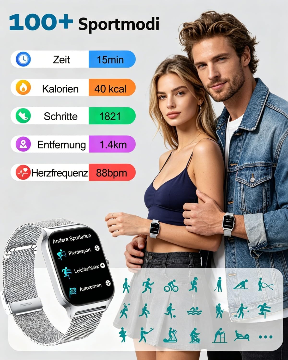 Popglory Smartwatch Herren Damen mit Blutdruckmessung, Bluetooth-Telefonie, AI Fitnessuhr Herzfrequenz, SpO2, Stress, Schlaf, 100+ Sportmodi Fitness Tracker, Schrittzähler, Geschenk für iPhone Android – Bild 6