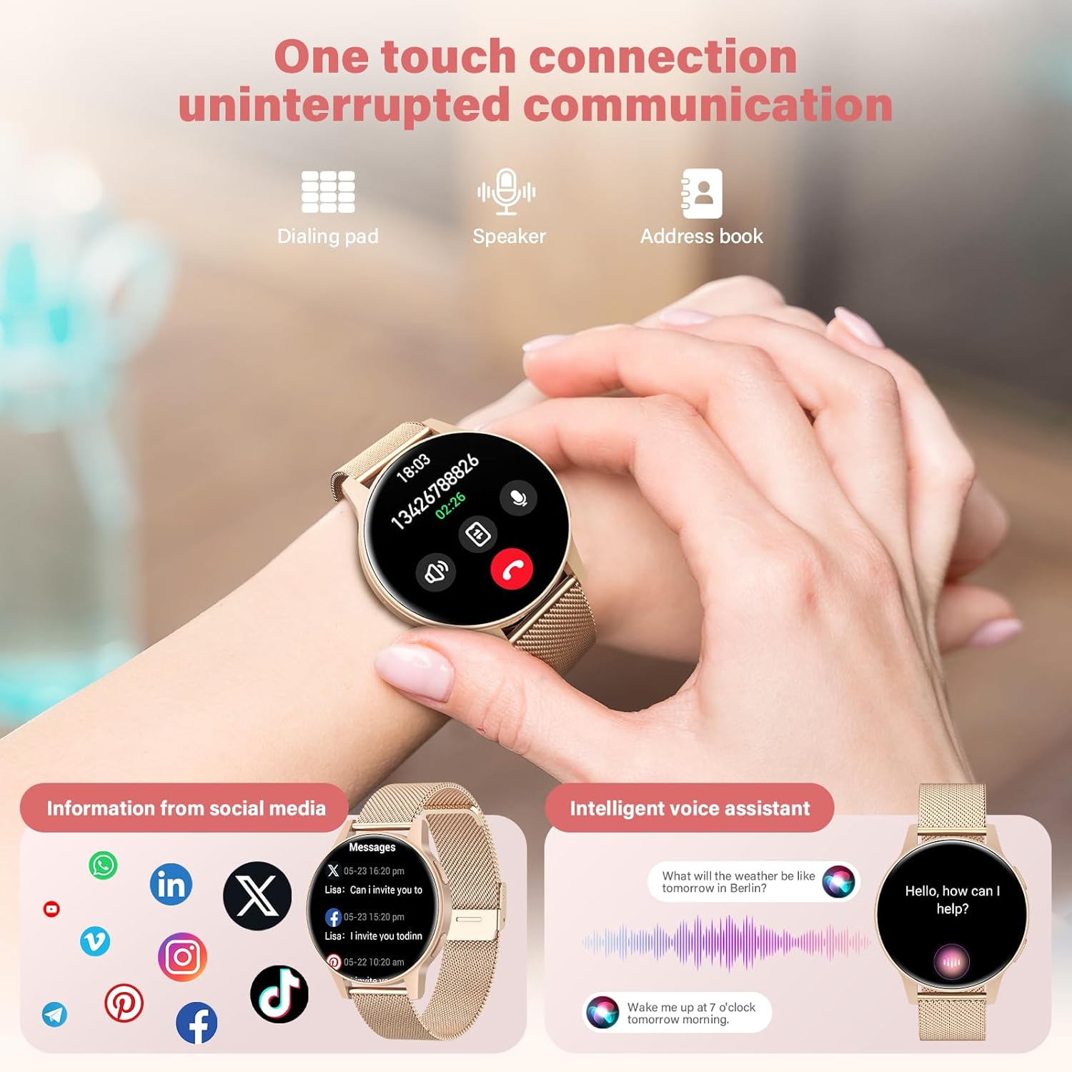 SLOKSFil Damen Kleine Smartwatch mit Telefonfunktion, 1,27 Zoll TFT Touchscreen Fitness Tracker mit 24/7 Herzfrequenzmesser Schlafmonitor 120+ Sportmodi Schrittzähler Smart Watch rund für iOS/Android (Roségold) – Bild 2