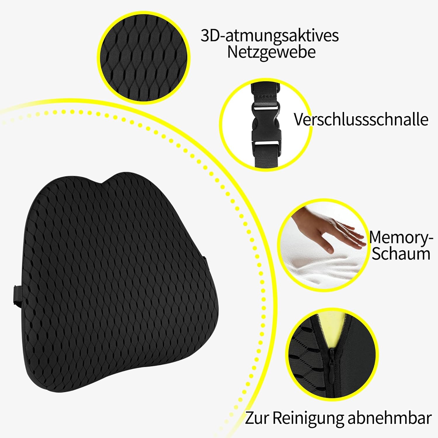 Lendenkissen, Lendenkissen, Memory-Schaum, ergonomisches 3D-atmungsaktives Netz, verstellbare Träger und abnehmbarer Bezug für Bürostuhl/Autositz, universell (schwarz) – Bild 4