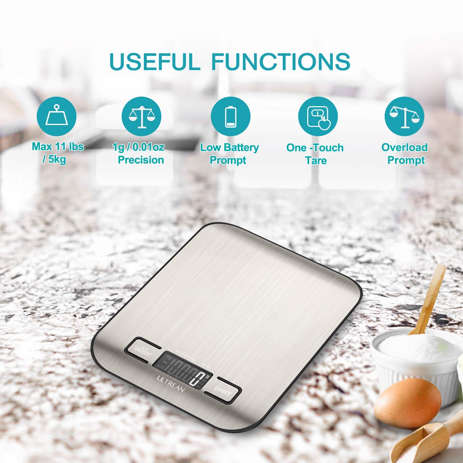 Digitale Küchenwaage von Ultrean, LCD-Display mit Tara-Funktion, präzise Backwaage in Gramm und Unzen, Edelstahl 304, Wiegekapazität bis zu 5 kg (11 lb), ideal zum Backen und Kochen – Bild 2