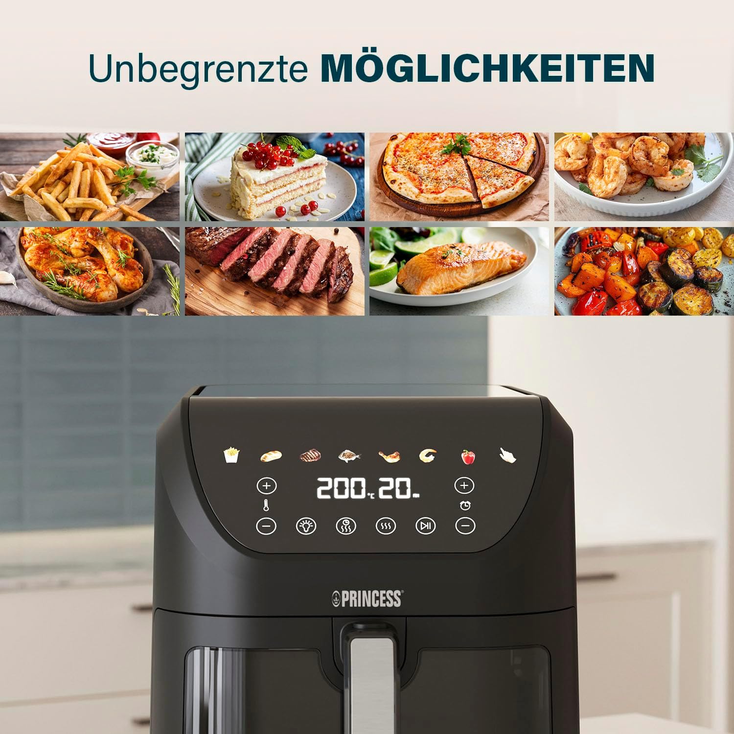 Princess SlimFry Airfryer, 8 l Fassungsvermögen, 2000 W, 8 Programme, digitaler Touchscreen, einstellbare Temperatur, Sichtfenster, automatische Abschaltung, spülmaschinenfest, 182257 – Bild 8