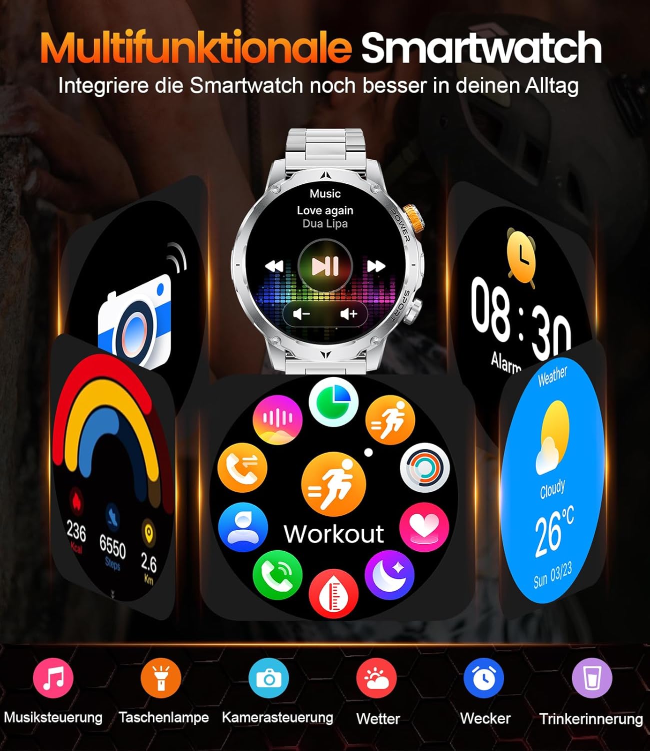 1000 mAh Militäruhr für Herren, 1,7-Zoll-Smartwatch für Herren mit über 110 Sportmodi, IP68-Display, Apple Bluetooth, 24-Stunden-Herzfrequenz, Android iOS-Gerät, 3 Armbänder, 2 Ladegeräte, EF24-D – Bild 8