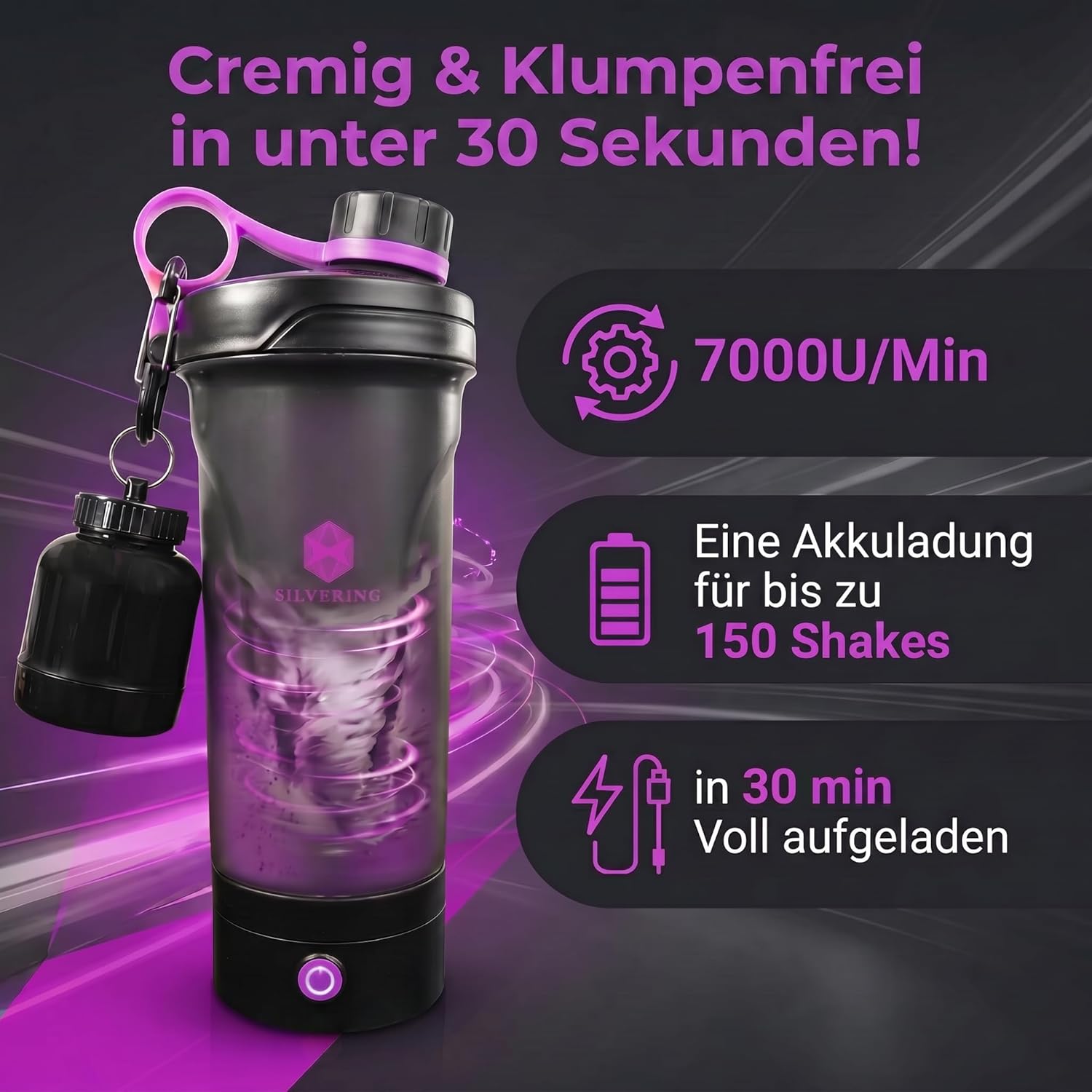 Silvering Elektro-Shaker, spülmaschinenfest, Protein-Shaker mit abnehmbarer Motoreinheit, USB-C wiederaufladbar, Trainingsflasche, BPA-frei, 600 ml, Protein-Shaker elektrisch (lila) – Bild 6