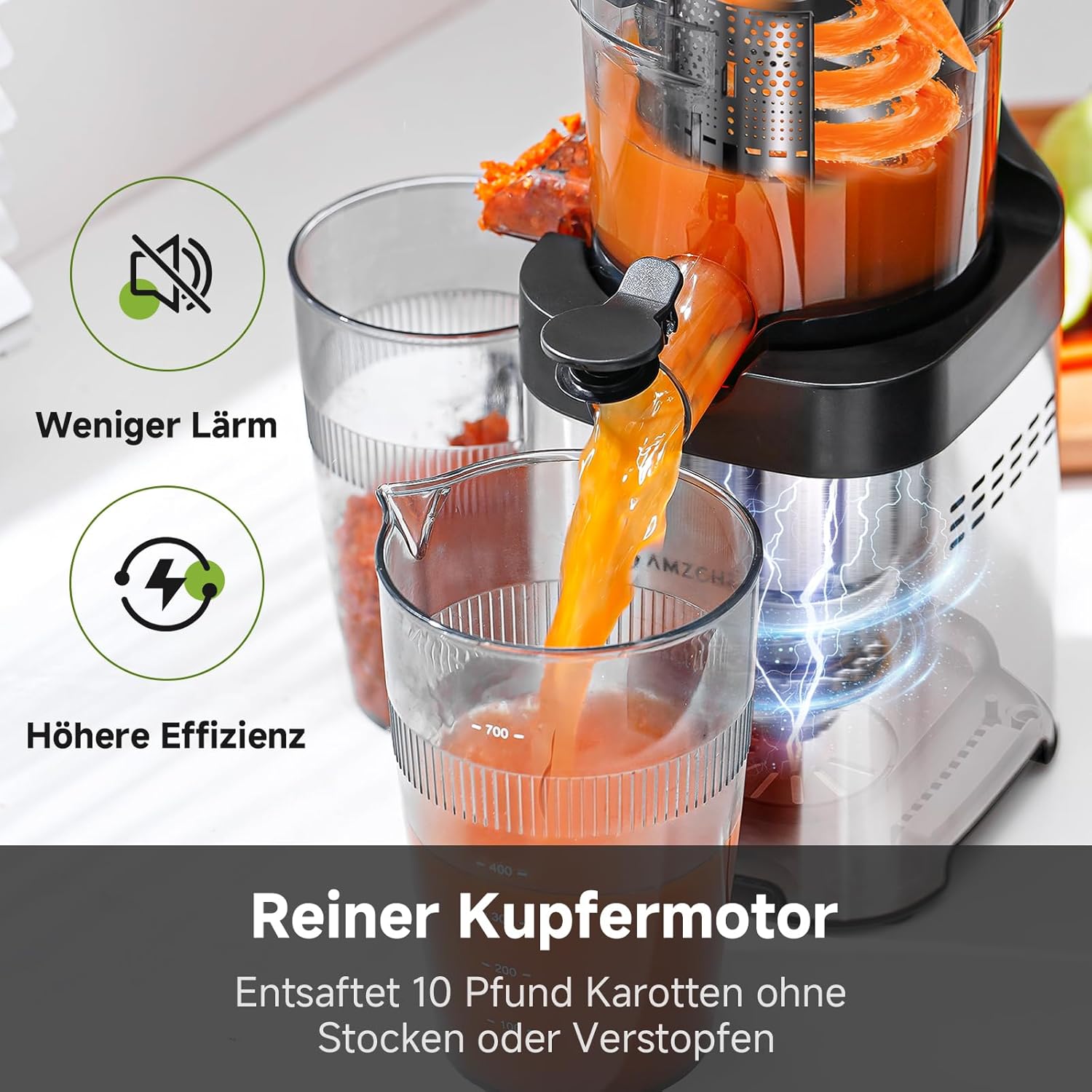AMZCHEF Juicer Slow Juicer 136 mm – Elektrischer Entsafter für Gemüse & Obst – Kaltpress-Entsafter mit 2 Filtern – Leise und leicht zu reinigen – Silber – Bild 5