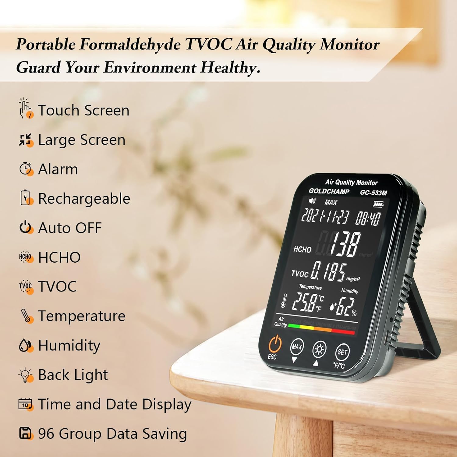 Tragbarer Luftqualitätsmonitor, 4-in-1-Raumluftqualitätsmonitor mit HCHO, TVOC, Temperatur (℃/℉) und Feuchtigkeitssensor, Luftanalysator mit digitalem LCD-Bildschirm, akustischem Alarm, GOLDCHAMP – Bild 2