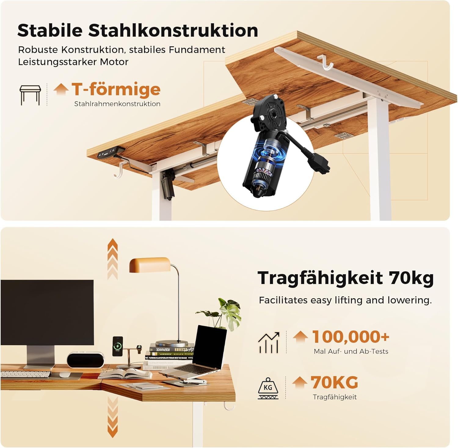 Agilestic Elektrischer Stehschreibtisch, L-förmiger 150 cm höhenverstellbarer Schreibtisch, Sitz- und Stehtisch für das Heimbüro, ergonomischer anhebbarer Computertisch mit Spleißbrett, Hellbraun – Bild 4