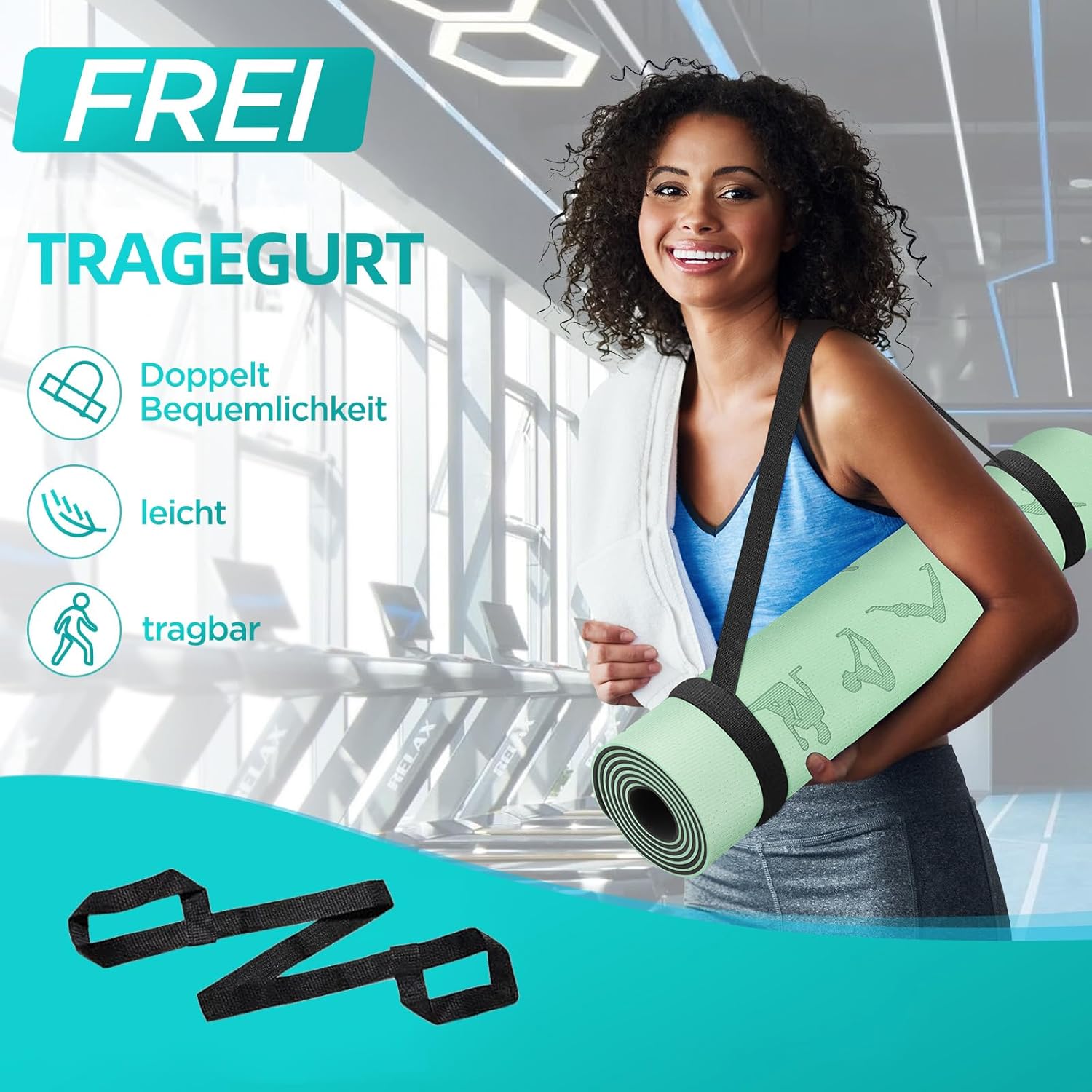 Yogamatte, TPE 6 mm dick, hautfreundliche Yogamatte, rutschfeste Gymnastikmatte, Pilates, Gymnastik, Meditation, Stretching, mit Tragegurt & Tasche, Heim-Workout-Sportmatte, 183 x 61 cm – Bild 5