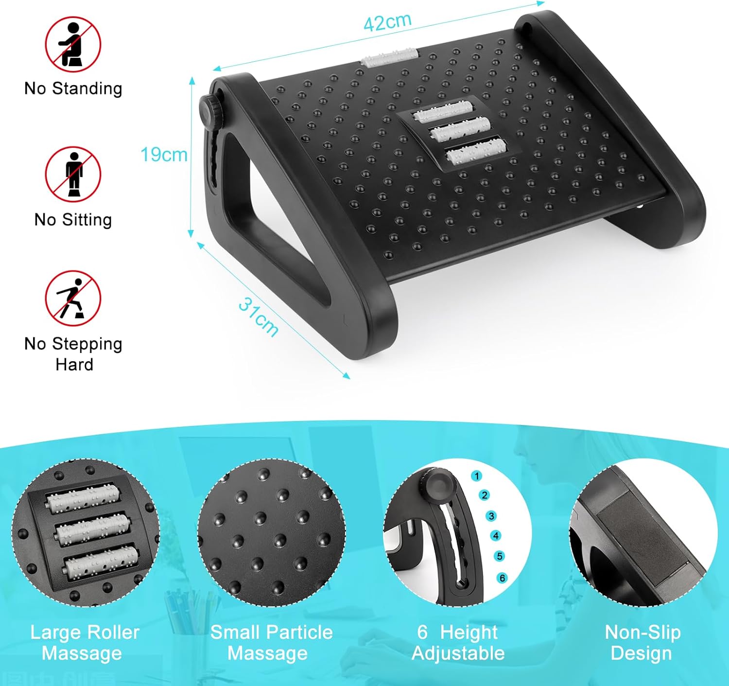 Verstellbarer Fußhocker für Schreibtisch, MXTIMWAN 6 höhenverstellbarer Fußhocker, ergonomische rutschfeste Fußstütze mit Massagefunktion zur Entlastung von Bein, Knie und Rücken für Büro und Zuhause – Bild 2