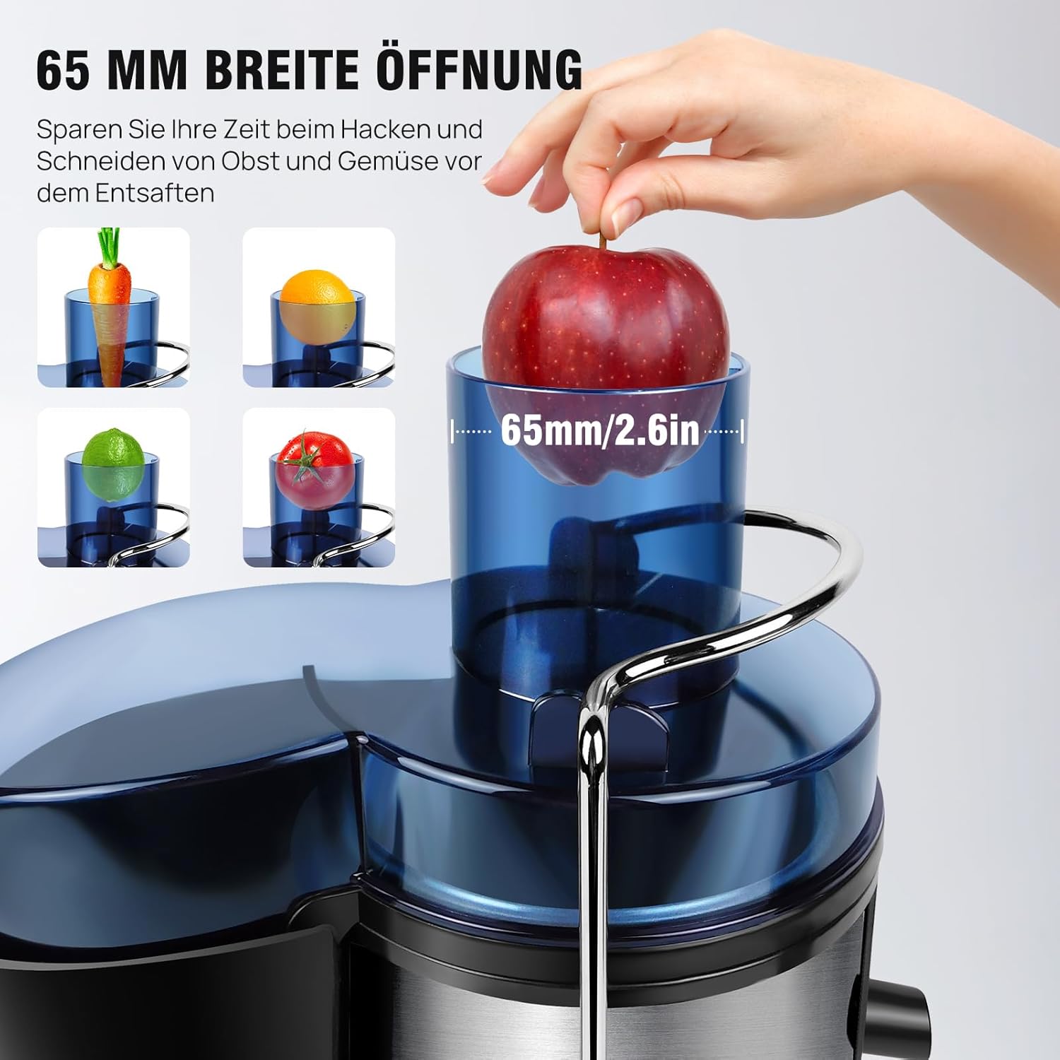 Entsafter für Obst und Gemüse aus Edelstahl, elektrischer Entsafter, Extraktor, maximale Leistung 1000 W, Zentrifuge, 65 mm Einfüllöffnung und 2 Geschwindigkeiten, Anti-Tropf-Funktion und Überhitzungsschutz – Bild 3