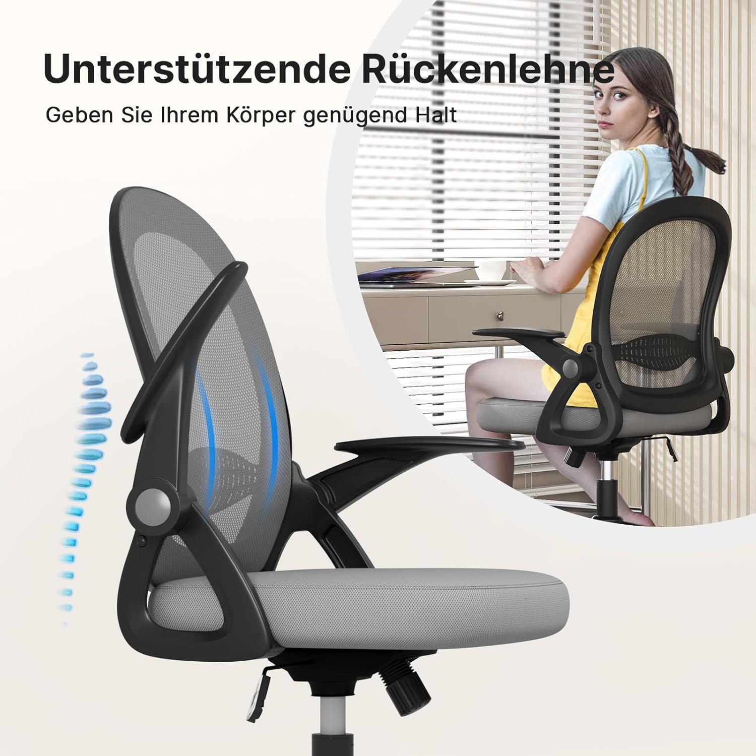 naspaluro Bürostuhl, ergonomischer Schreibtischstuhl mit atmungsaktiver Netzpolsterung, hochklappbare Armlehnen, höhenverstellbarer Computerstuhl, leichter Stuhl, 360°-Drehstuhl, dunkelgrau – Bild 4
