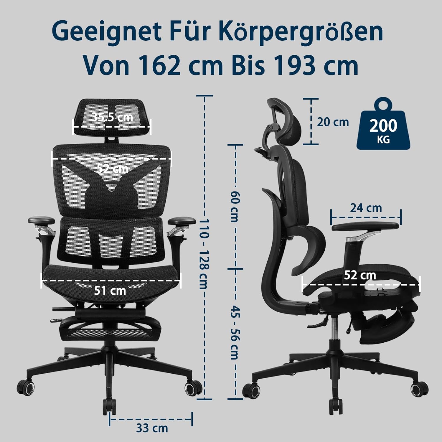 Ergonomischer Bürostuhl, groß und schwer, mit Fußstütze, 5D-verstellbaren Armlehnen, Lordosenstütze, Netzrückenlehne, verstellbarer Sitztiefe, drehbarer Gaming-Stuhl, Schwarz – Bild 2