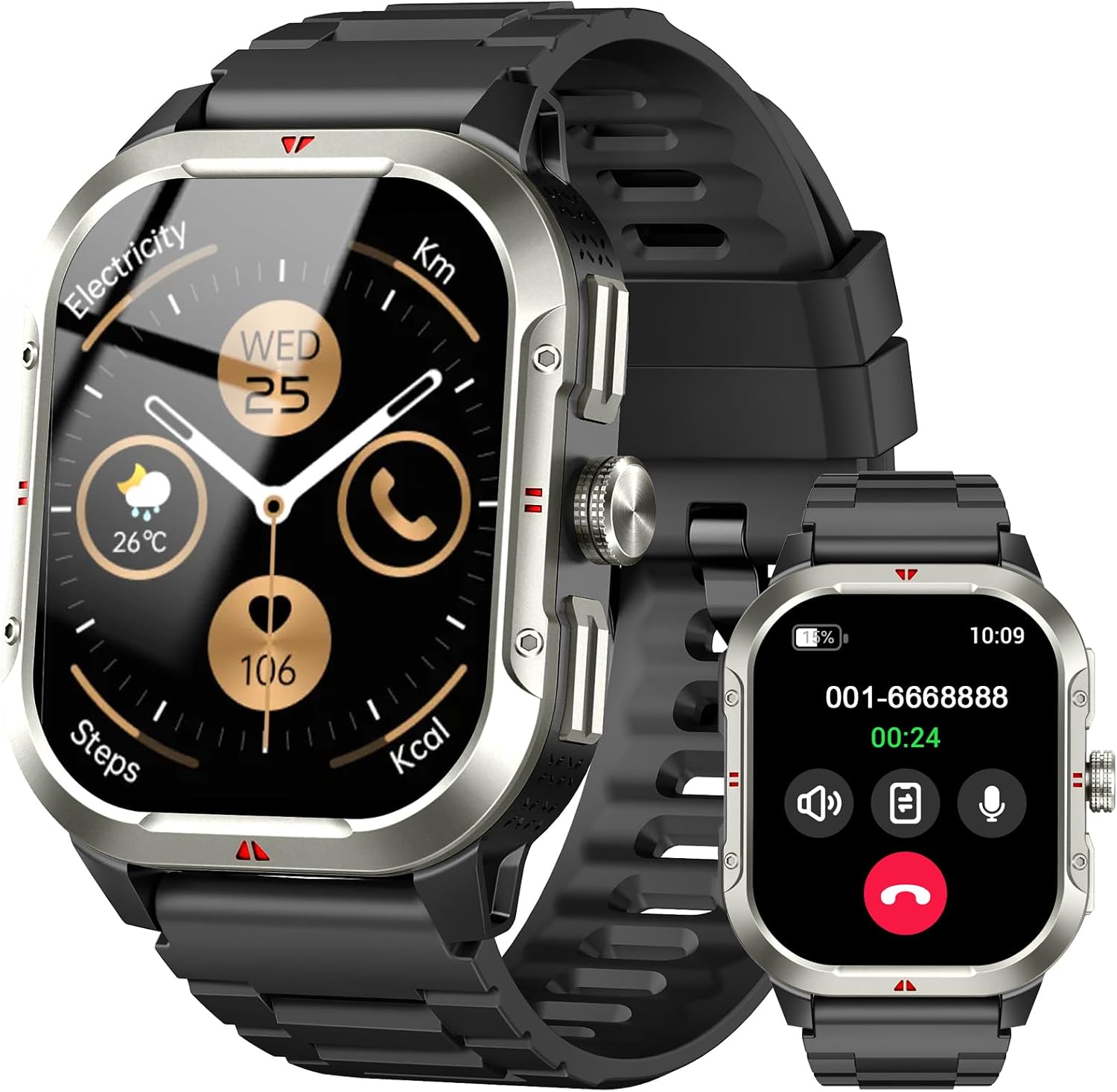 Militär Smartwatch Herren Damen 2,06 Zoll HD Smartwatch mit Telefonfunktion, Sportuhr mit Herzfrequenz Schlafmonitor Schrittzähler IP68 Wasserdicht 110+ Sportmodi Fitnessuhr für Android/iOS (Schwarz)
