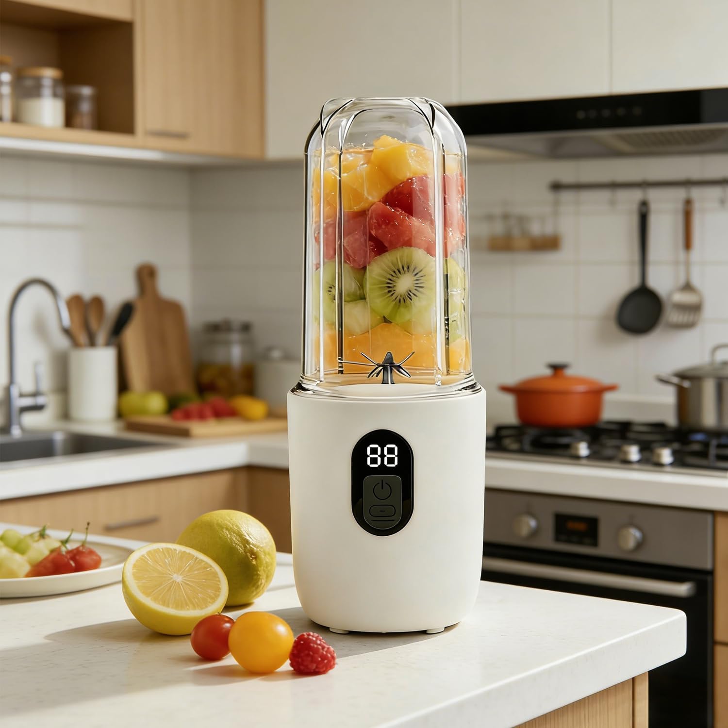 Tragbarer Mixer Smoothie Maker to Go, 500 ml tragbarer elektrischer Entsafter mit Digitalanzeige, 16 Blatt SUS-Schneidkopf & USB, Mini-Standmixer für Fitnessstudio, Büro, Camping (weiß) – Bild 7