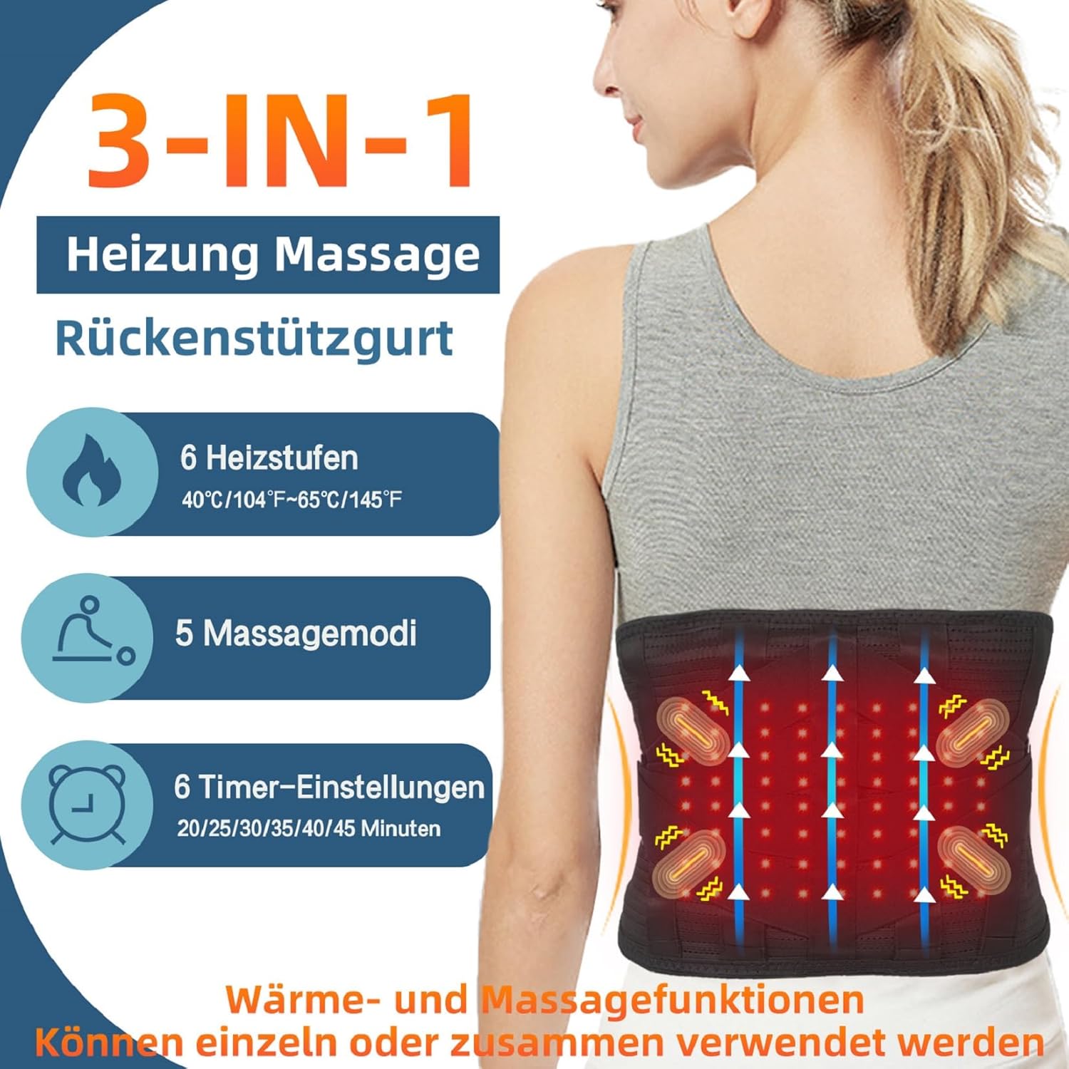 HONGJING Rotlichttherapie-Rückenmassagegürtel zur Schmerzlinderung im unteren Rückenbereich, Rückenstützgürtel mit Wärme und Massage bei Bandscheibenvorfall, Skoliose, Ischias (L) – Bild 2