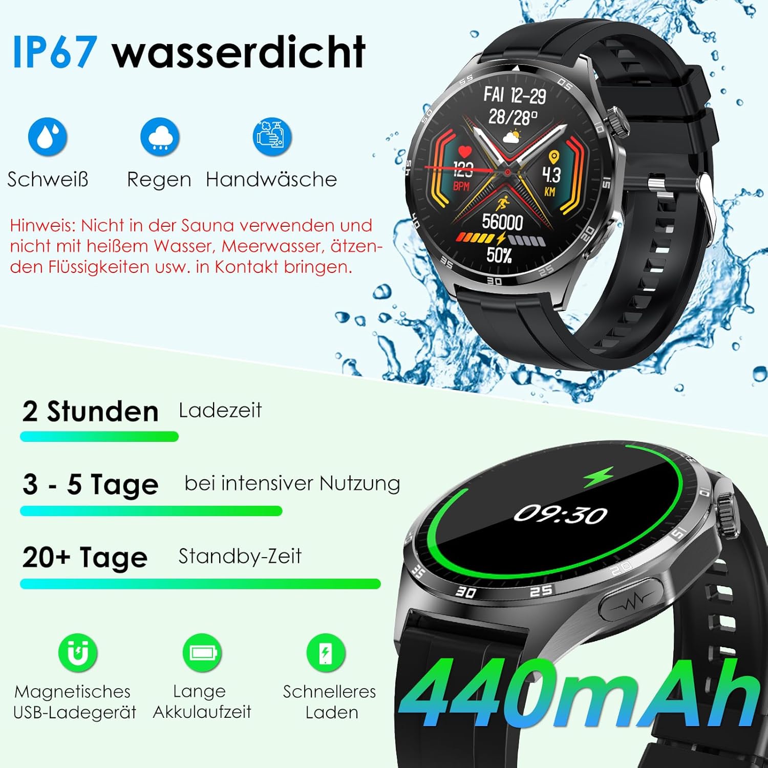 2026 Neu Smartwatch Herren mit EKG/ΒΙυτzυcker/BMI/Harnsäure/Schlaf/Aρnοe-Monitor Rund 1,43"AMOLED Fitness Gesundheitsuhr mit 24h Blutdruck Herzfrequenz SPO2,Bluetooth-Anrufe SOS-Notruf für iOS Android – Bild 6