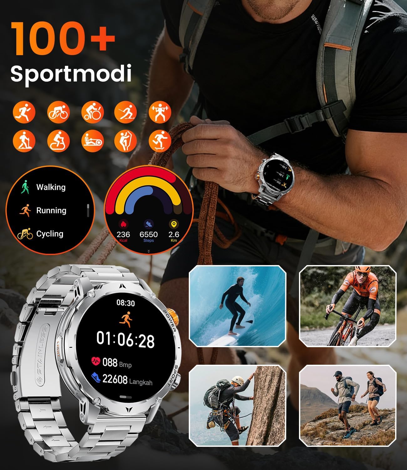 1000 mAh Militäruhr für Herren, 1,7-Zoll-Smartwatch für Herren mit über 110 Sportmodi, IP68-Display, Apple Bluetooth, 24-Stunden-Herzfrequenz, Android iOS-Gerät, 3 Armbänder, 2 Ladegeräte, EF24-D – Bild 5